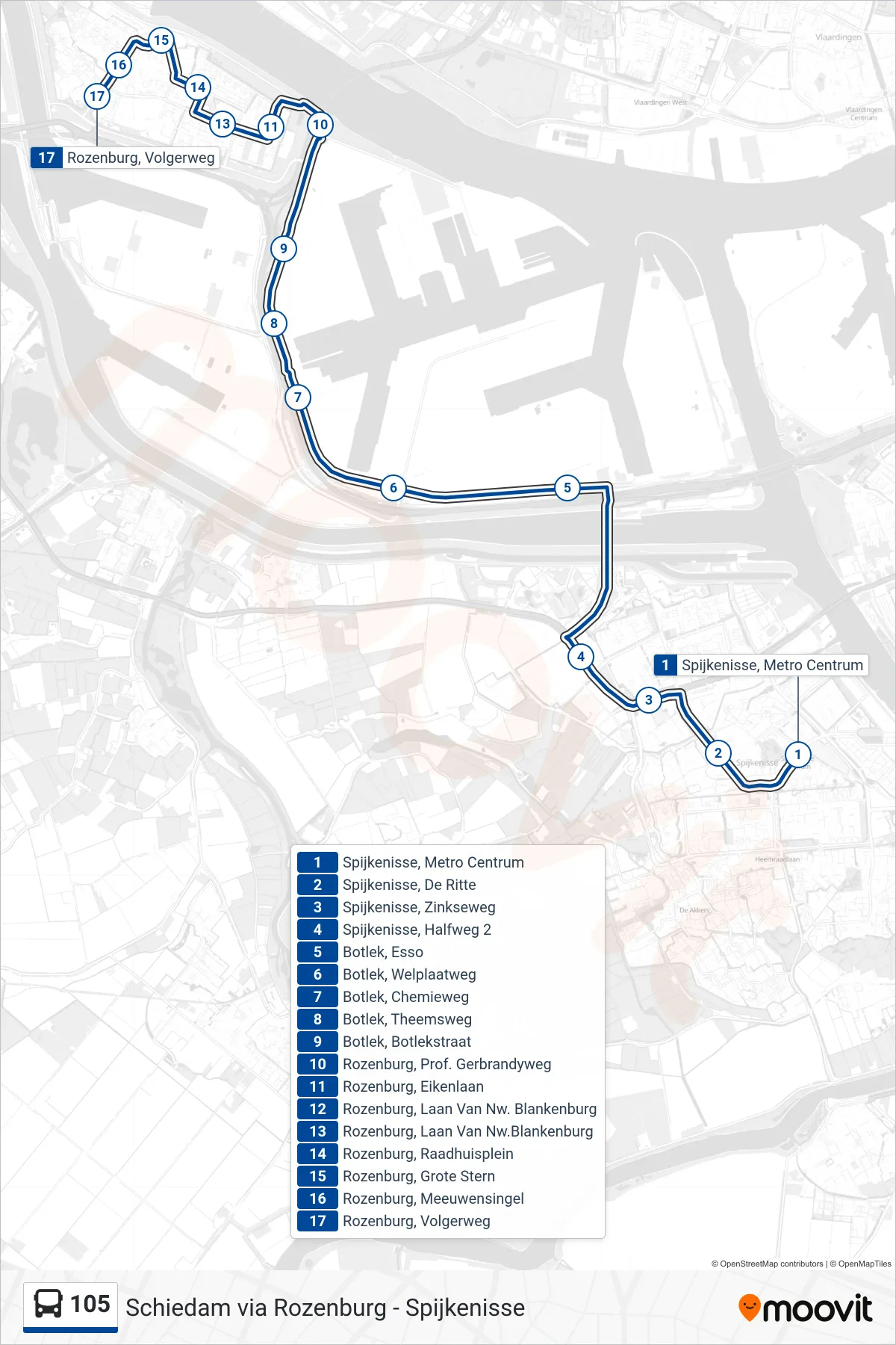 Lijn 105 (bus, Rozenburg): route en haltes op de kaart