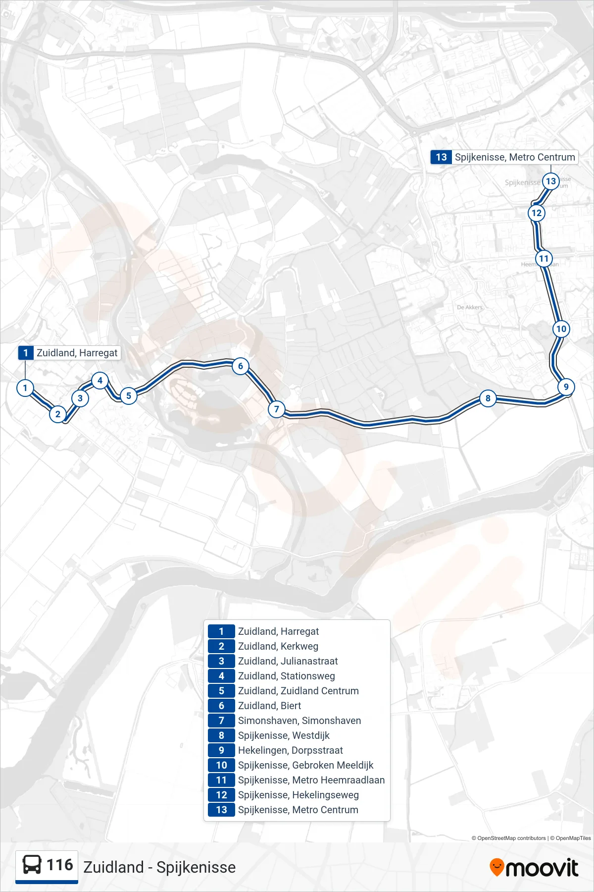 Lijn 116 (bus, Spijkenisse): route en haltes op de kaart