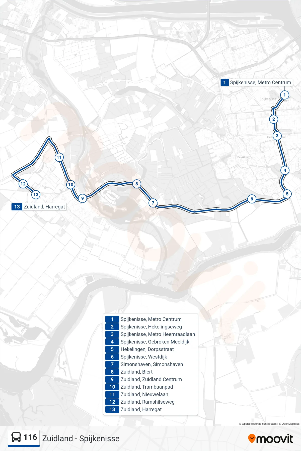 Lijn 116 (bus, Zuidland): route en haltes op de kaart
