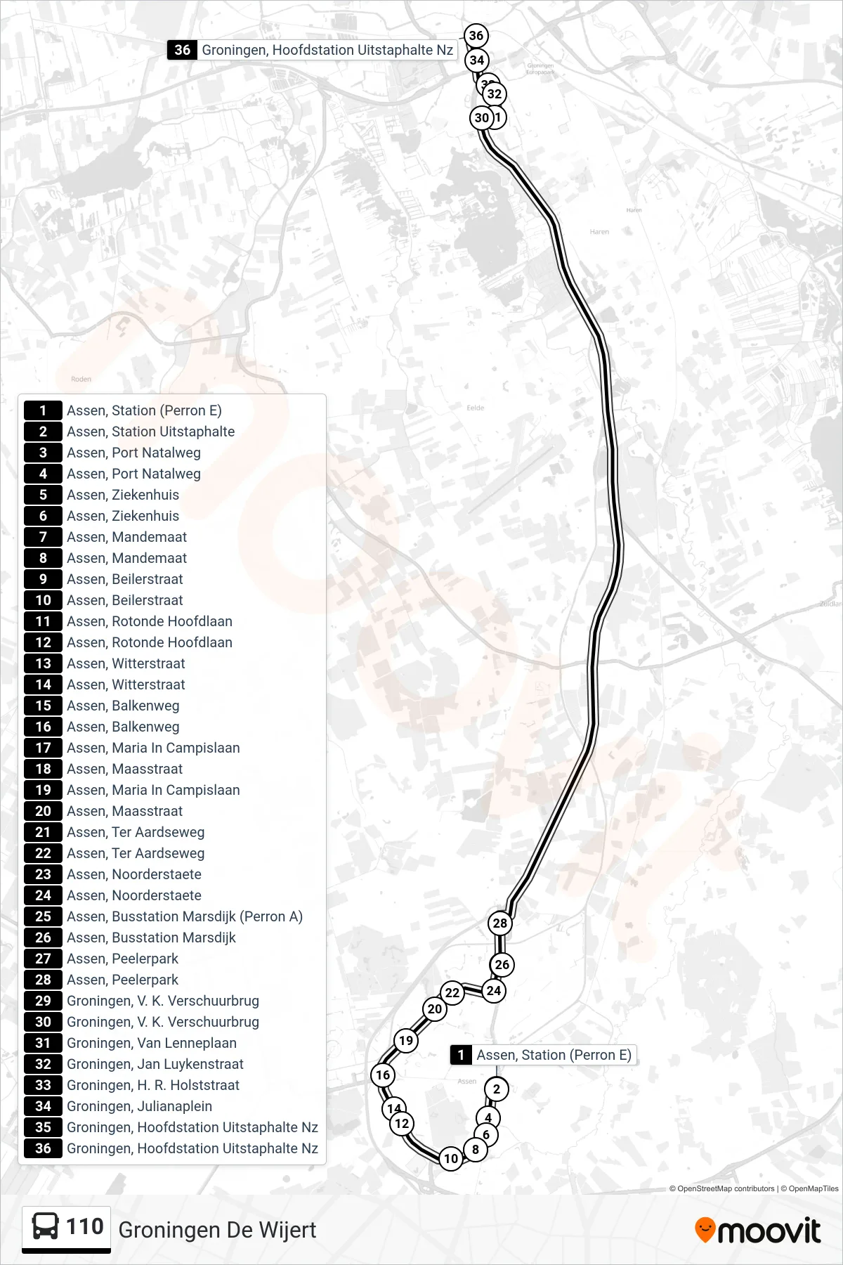 Lijn 110 (bus, Groningen De Wijert): route en haltes op de kaart
