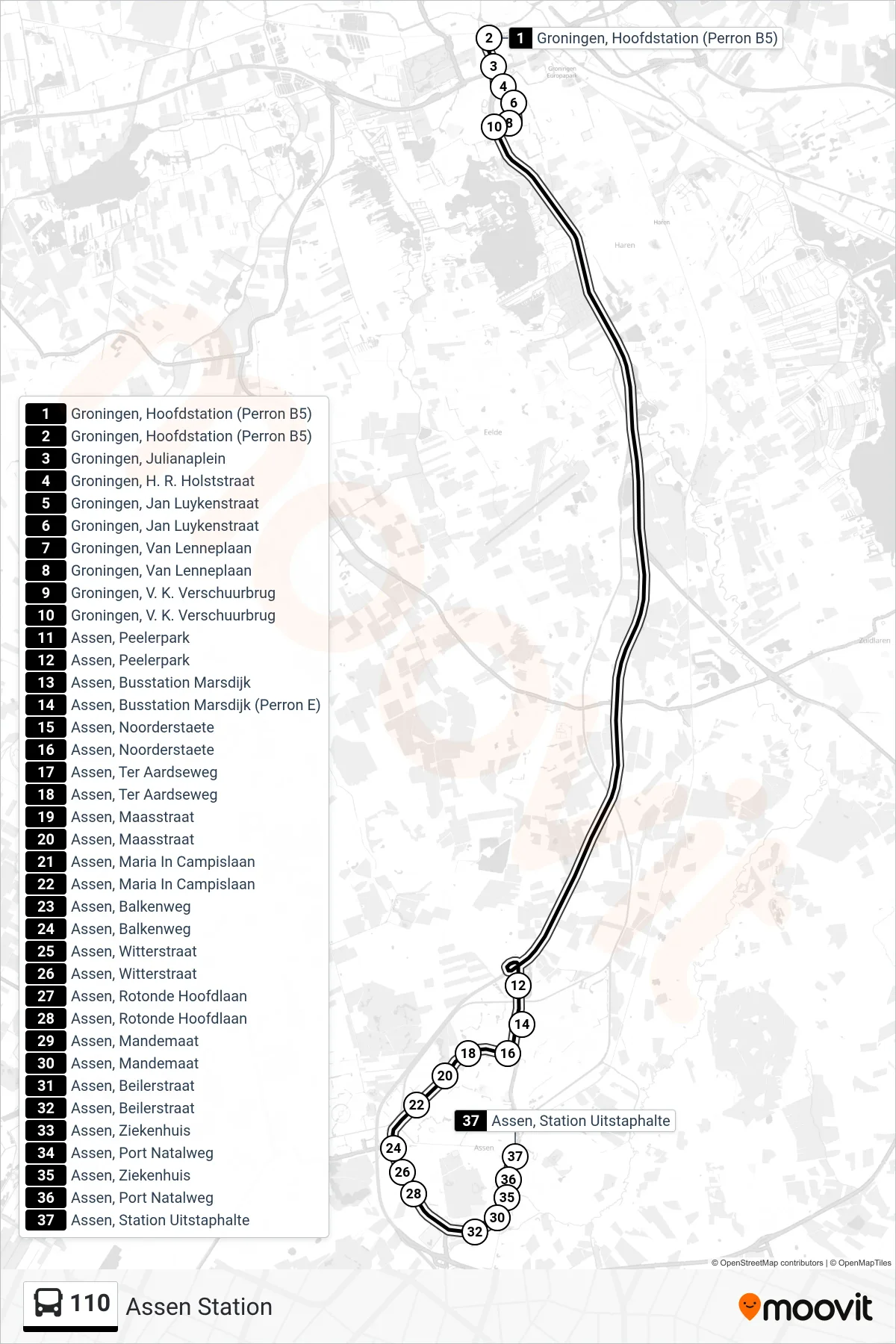 Lijn 110 (bus, Assen Station): route en haltes op de kaart