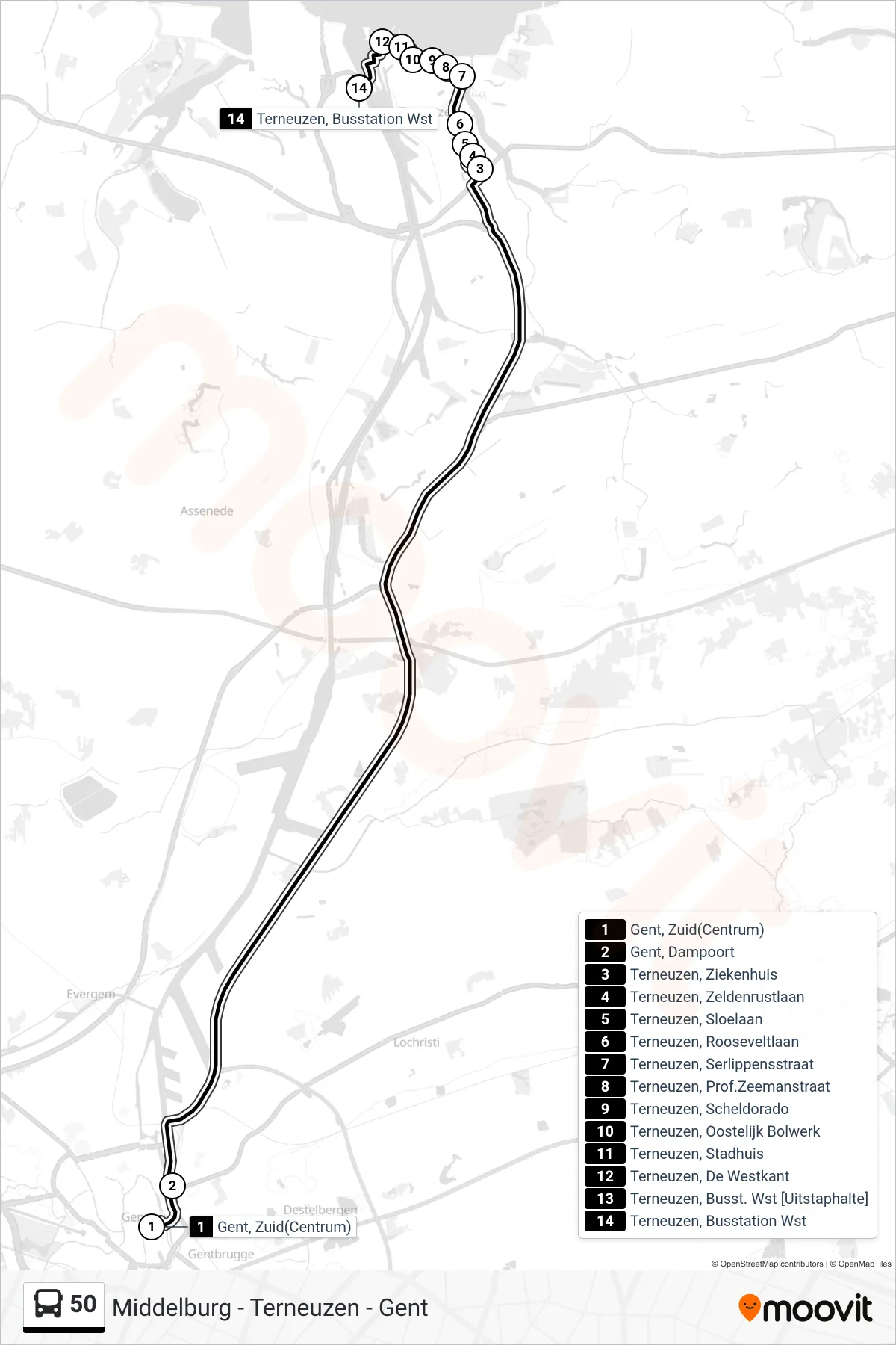 Lijn 50 (bus, Terneuzen Busstation Wst): route en haltes op de kaart