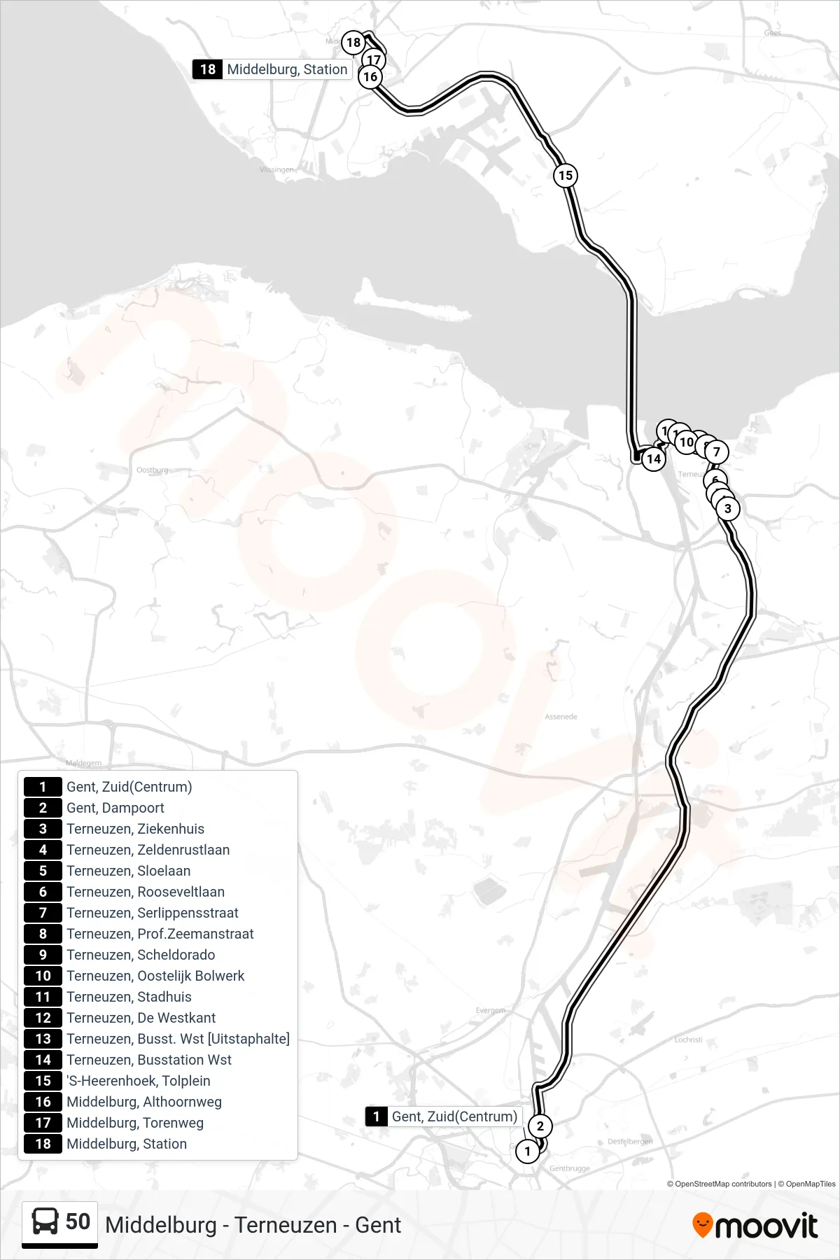 Lijn 50 (bus, Middelburg Station): route en haltes op de kaart