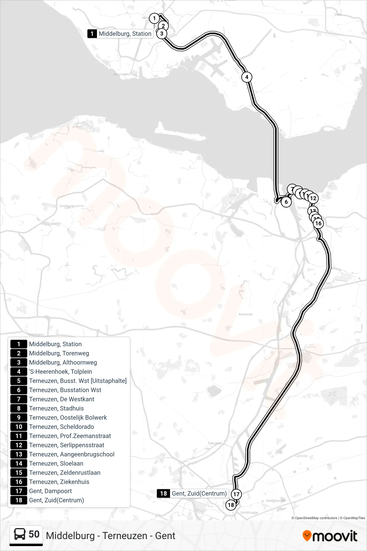 Lijn 50 (bus, Gent Express): route en haltes op de kaart