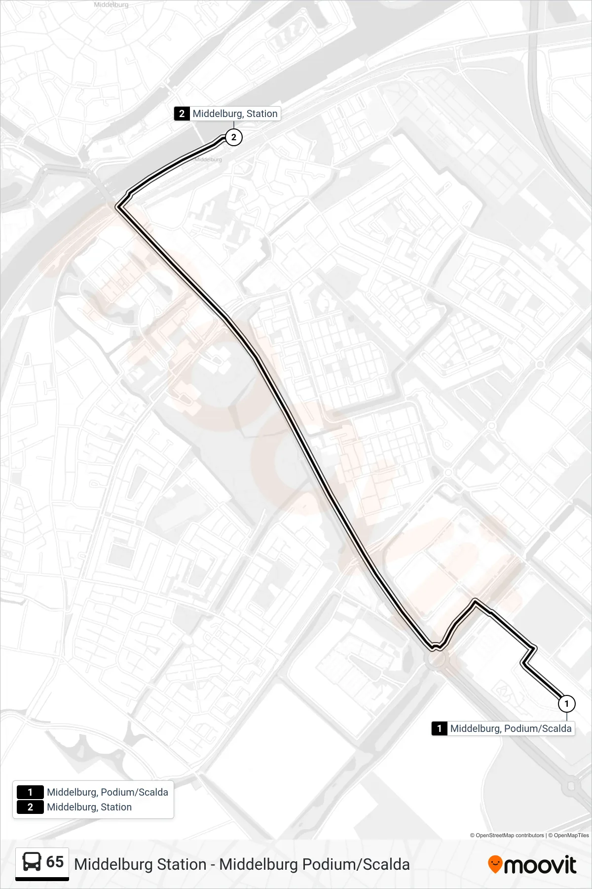 Lijn 65 (bus, Middelburg Station): route en haltes op de kaart