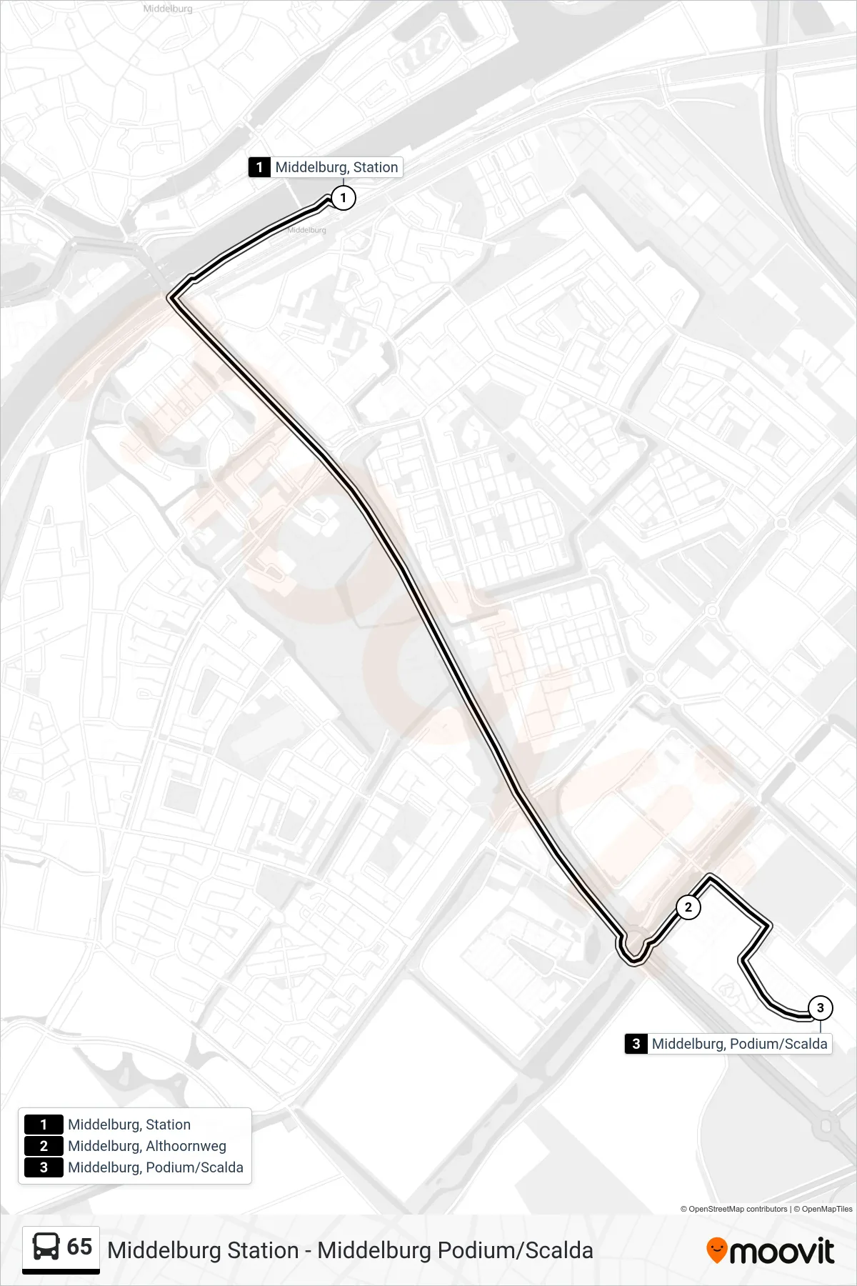 Lijn 65 (bus, Middelburg Roc Tromboneweg): route en haltes op de kaart