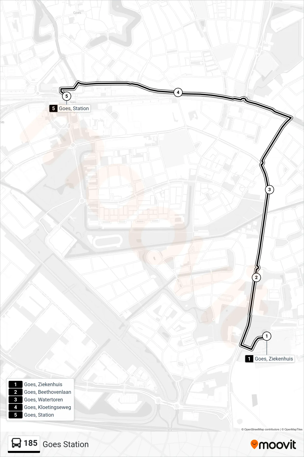 Lijn 185 (bus, Goes Station): route en haltes op de kaart
