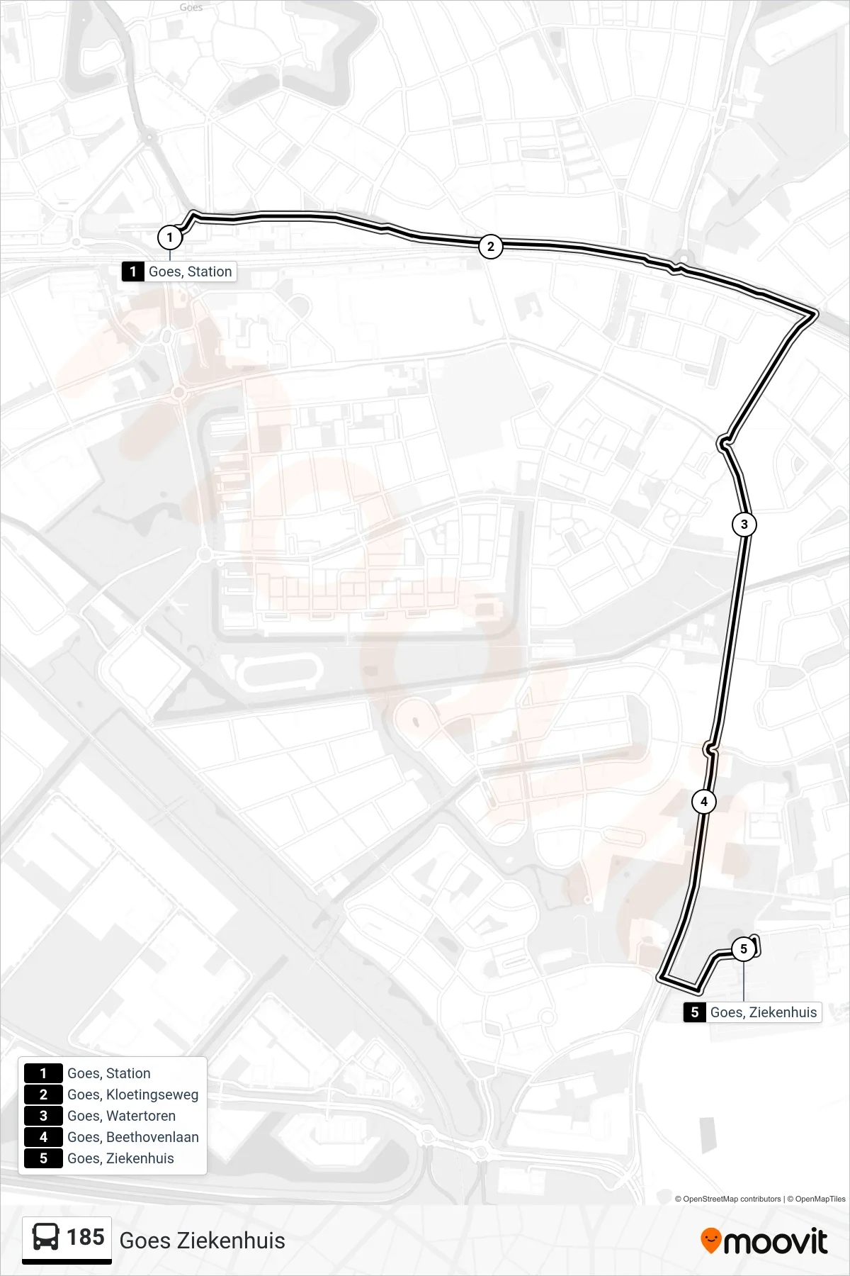 Lijn 185 (bus, Goes Ziekenhuis): route en haltes op de kaart