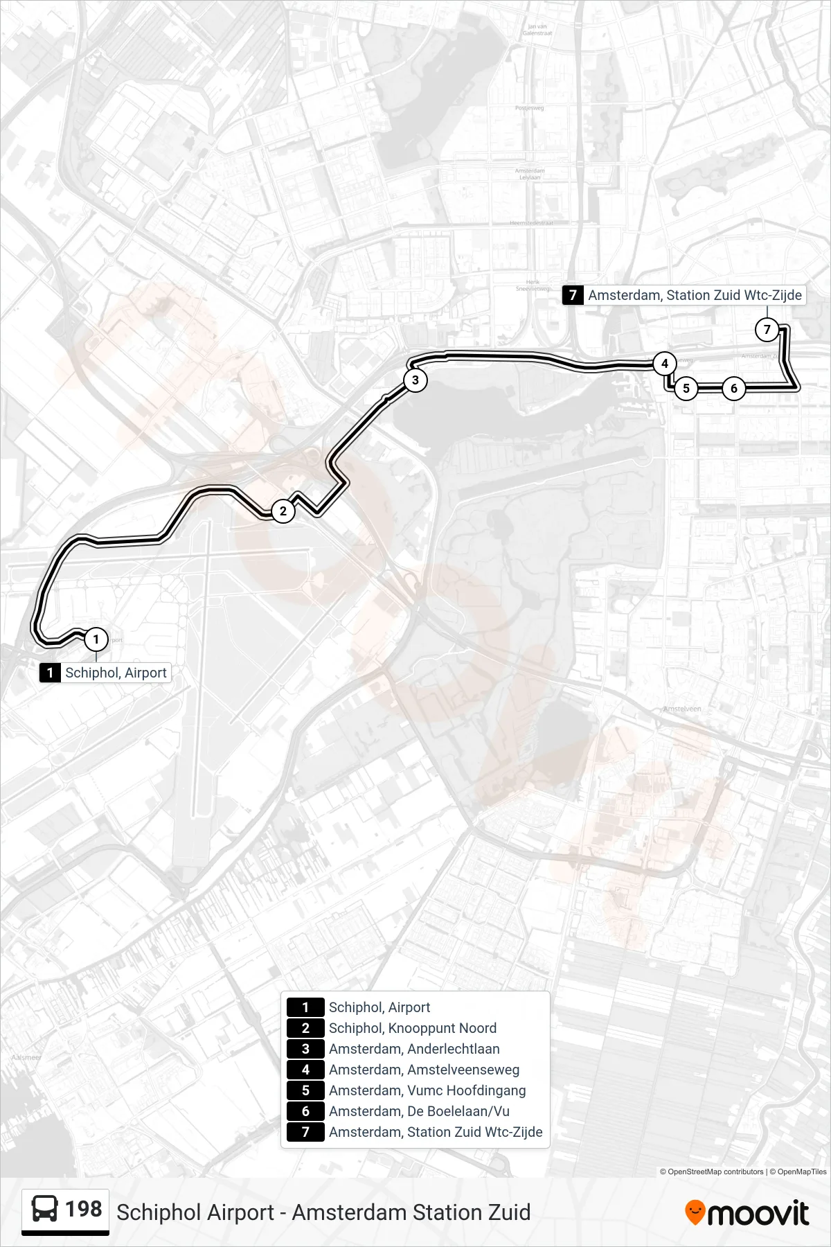 Lijn 198 (bus, Station Zuid Amsterdam): route en haltes op de kaart