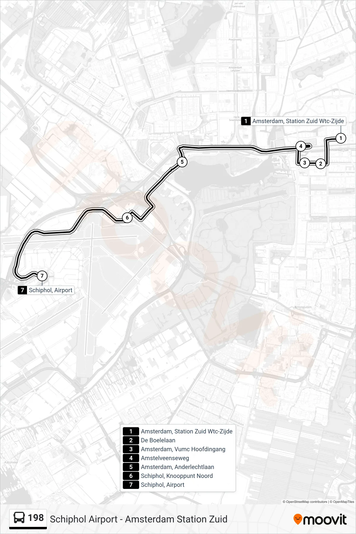 Lijn 198 (bus, Schiphol Airport): route en haltes op de kaart
