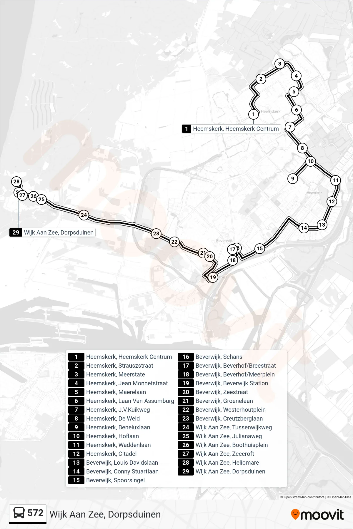 Lijn 572 (bus, Wijk Aan Zee, Dorpsduinen): route en haltes op de kaart