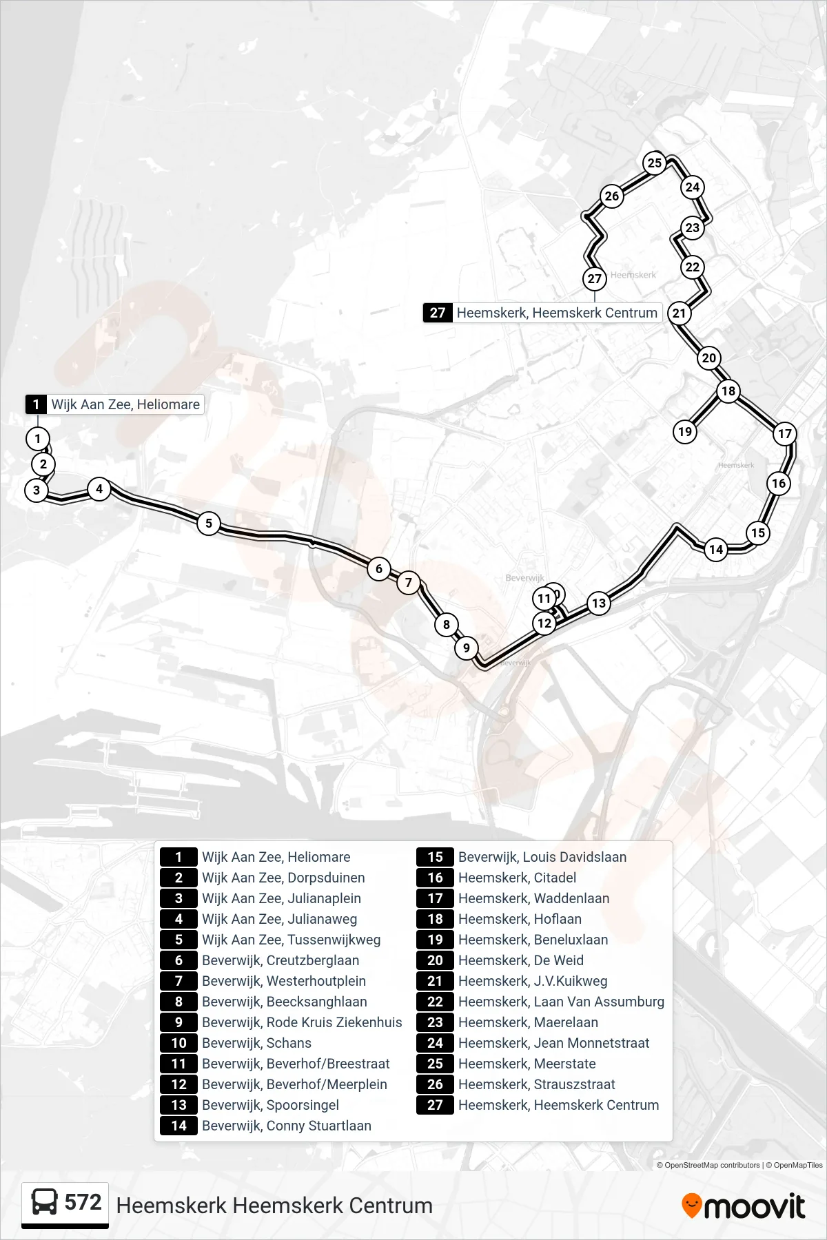 572 bus Line (Heemskerk Heemskerk Centrum) route and stops on a map