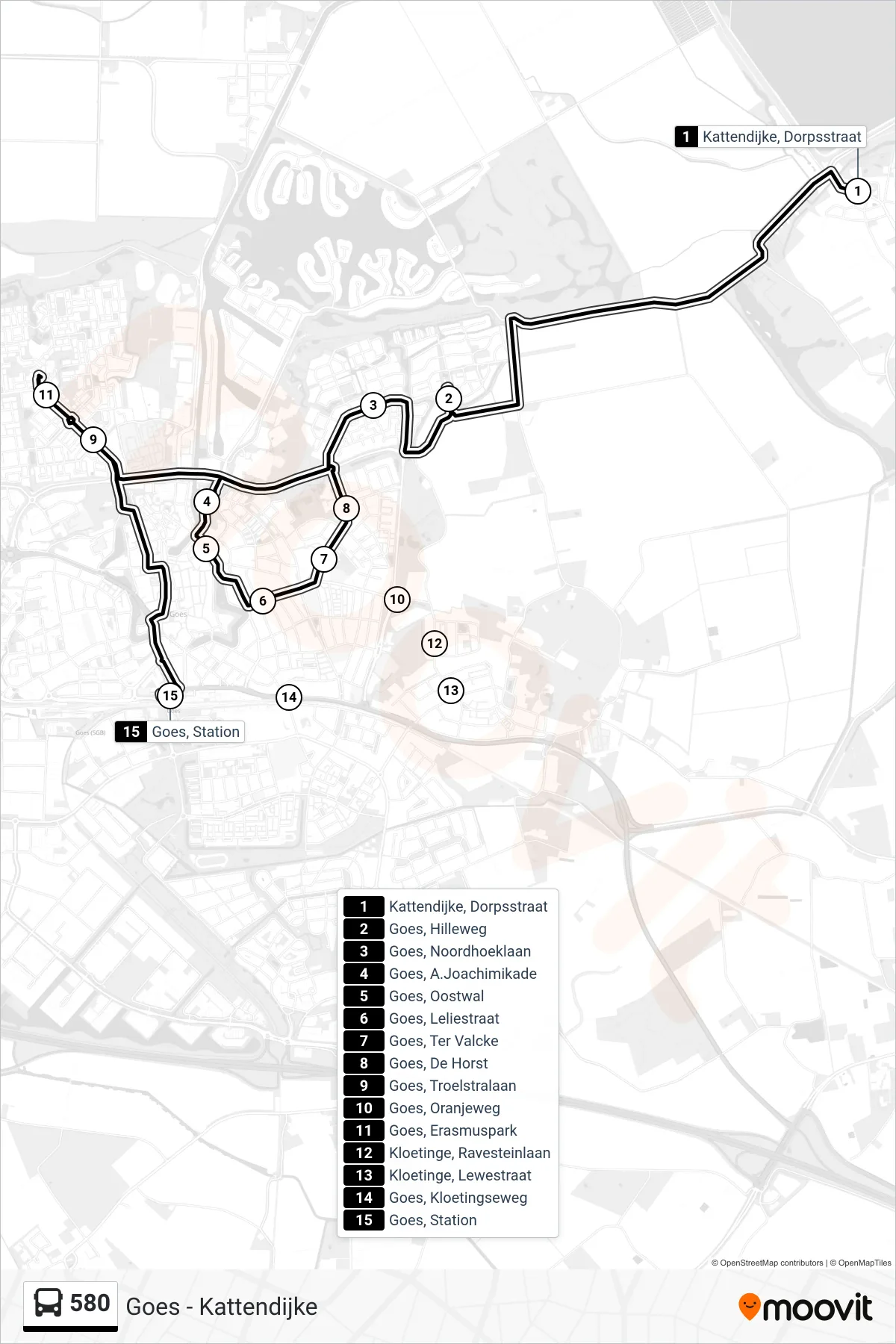 Lijn 580 (bus, Goes Station): route en haltes op de kaart
