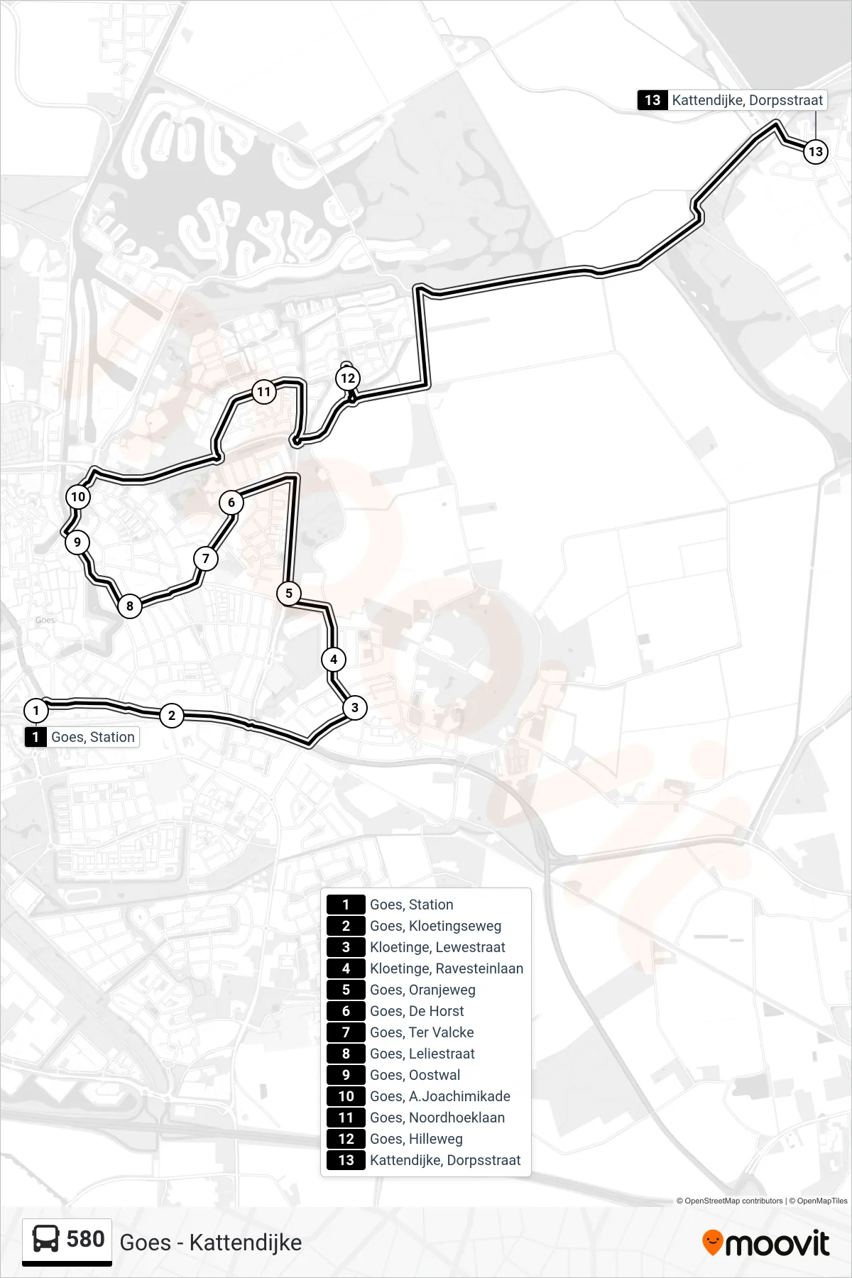 Lijn 580 (bus, Kattendijke Dorpsstraat): route en haltes op de kaart