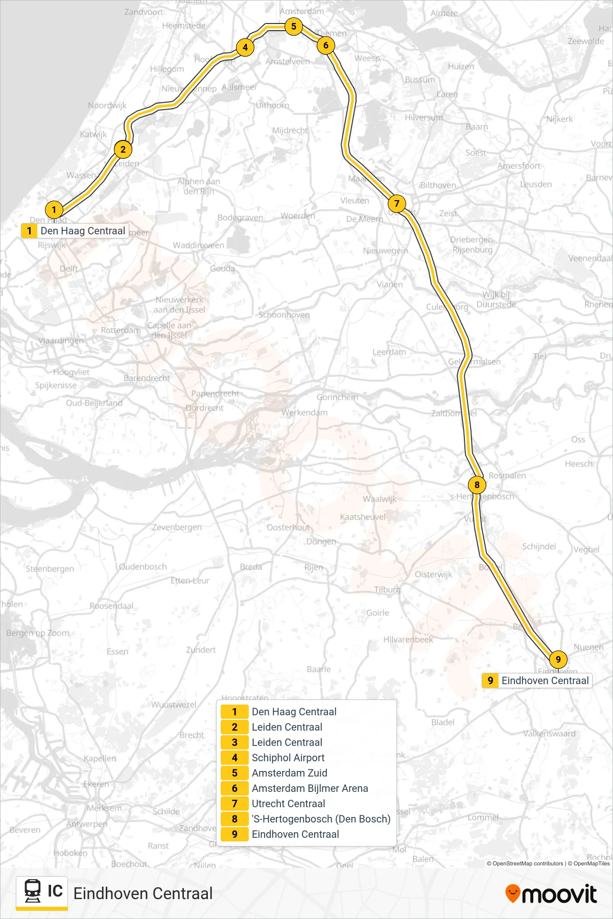 Lijn IC (trein, Eindhoven Centraal): route en haltes op de kaart