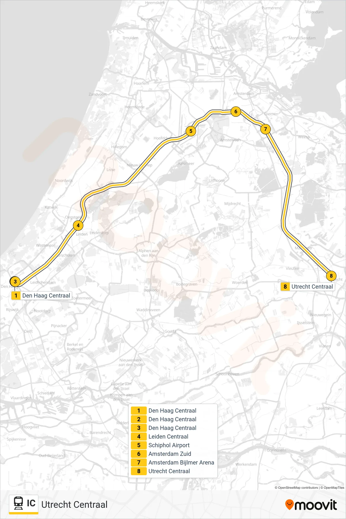 Lijn IC (trein, Utrecht Centraal): route en haltes op de kaart