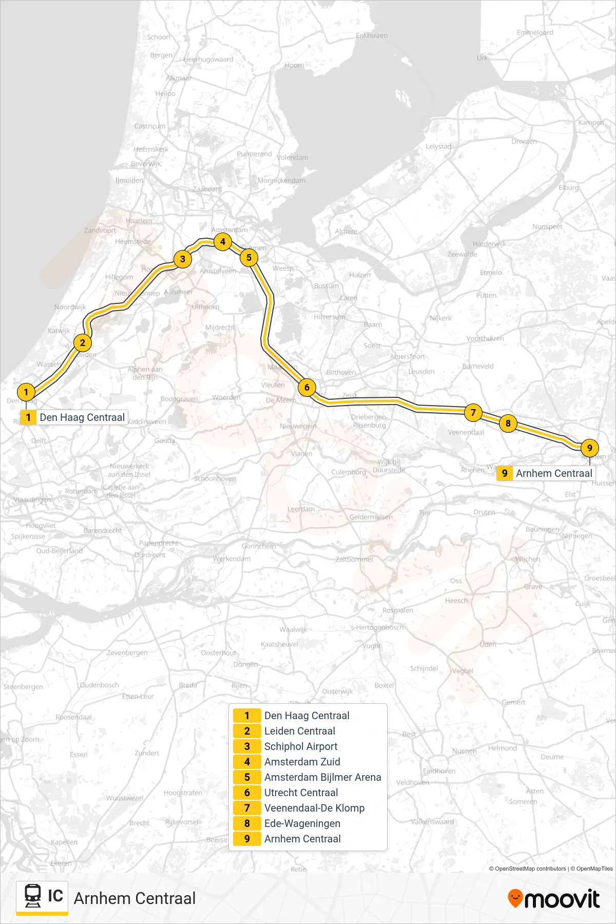 Lijn IC (trein, Arnhem Centraal): route en haltes op de kaart