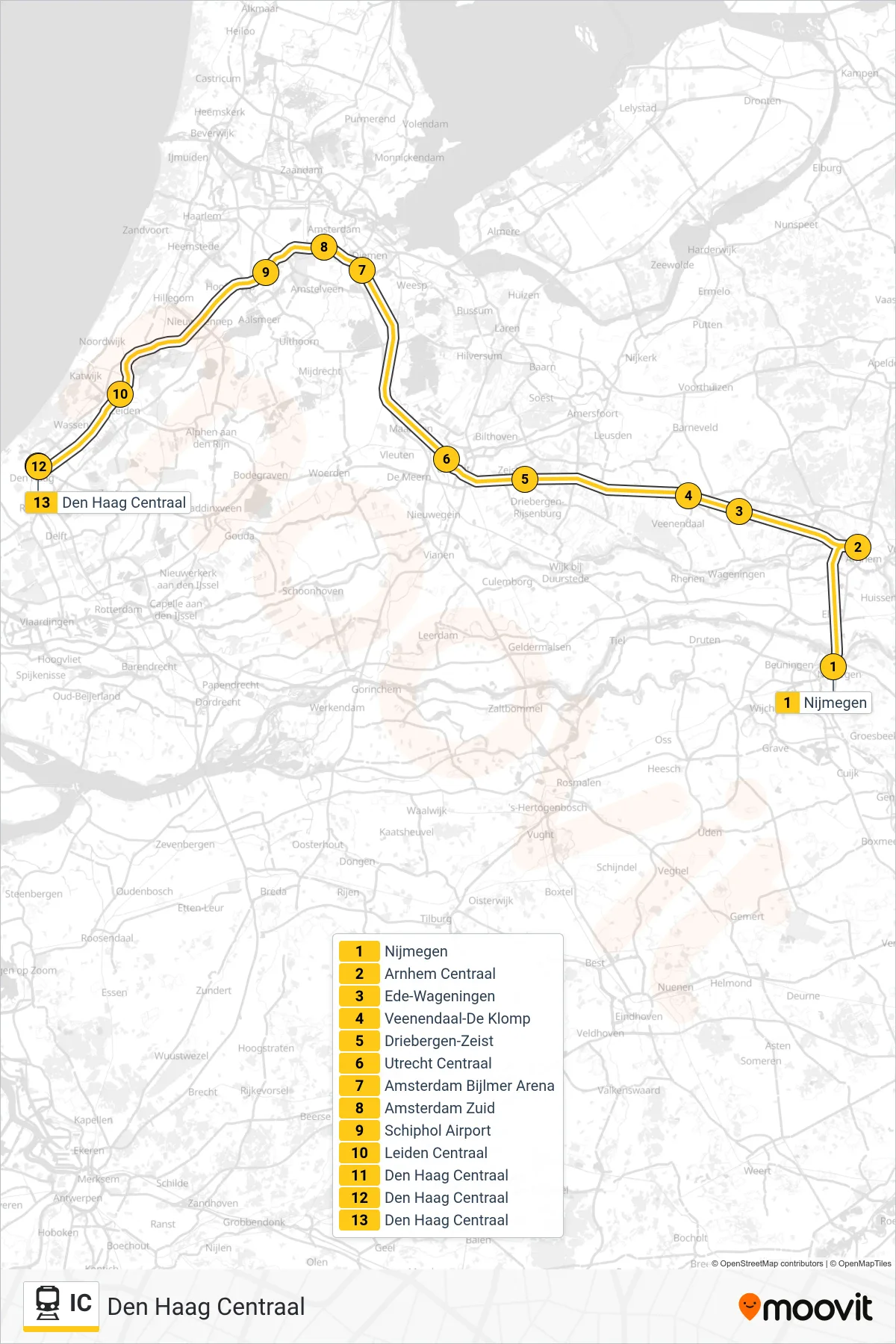 Lijn IC (trein, Den Haag Centraal): route en haltes op de kaart