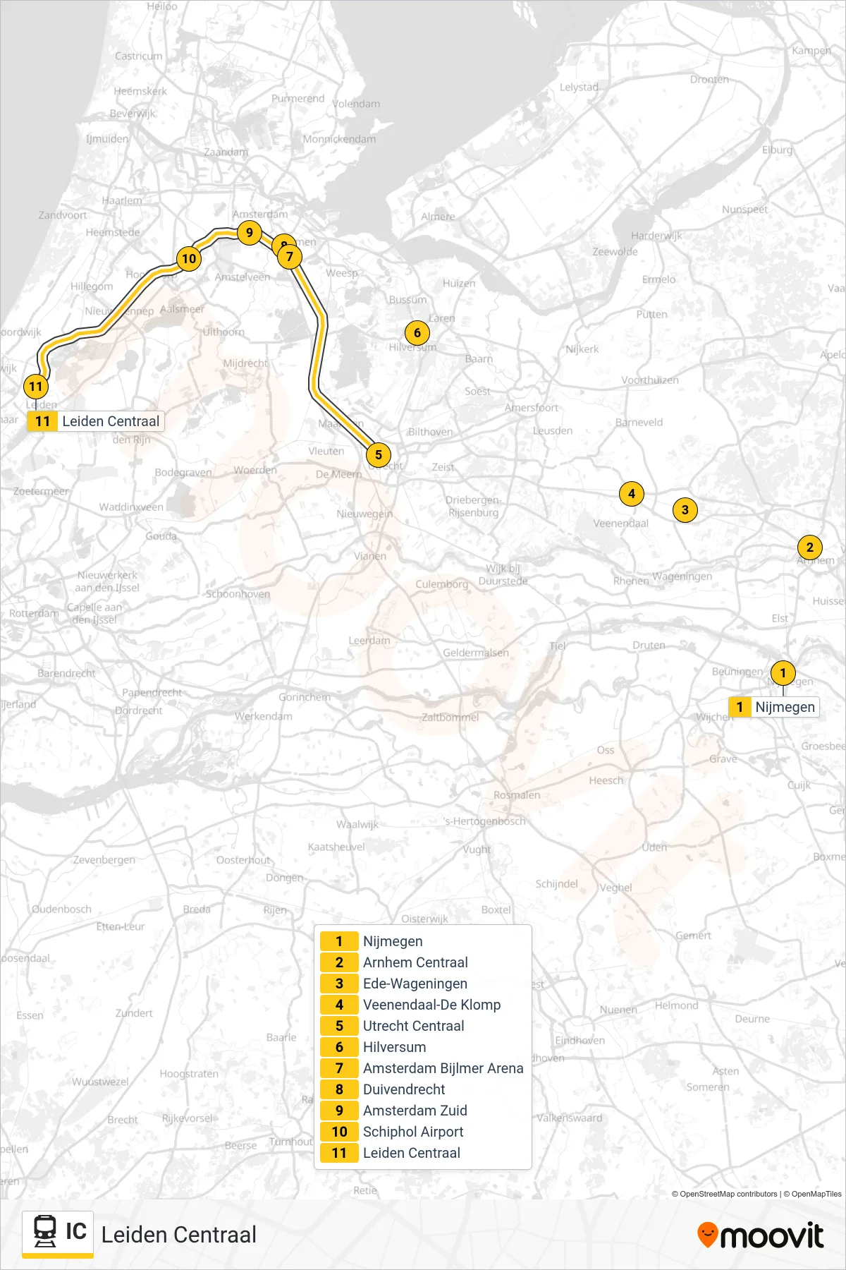 IC train Line (Leiden Centraal) route and stops on a map