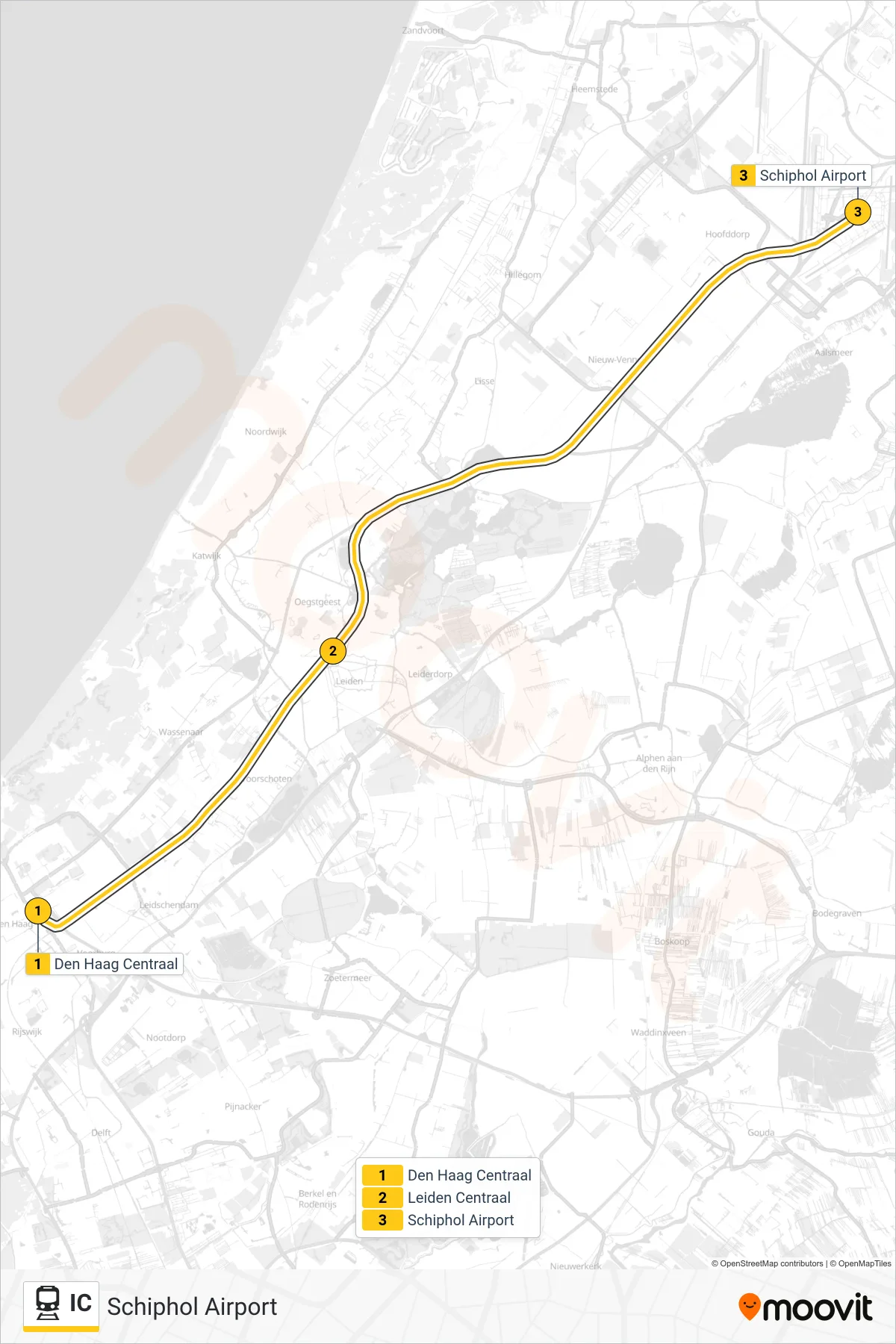 Lijn IC (trein, Schiphol Airport): route en haltes op de kaart