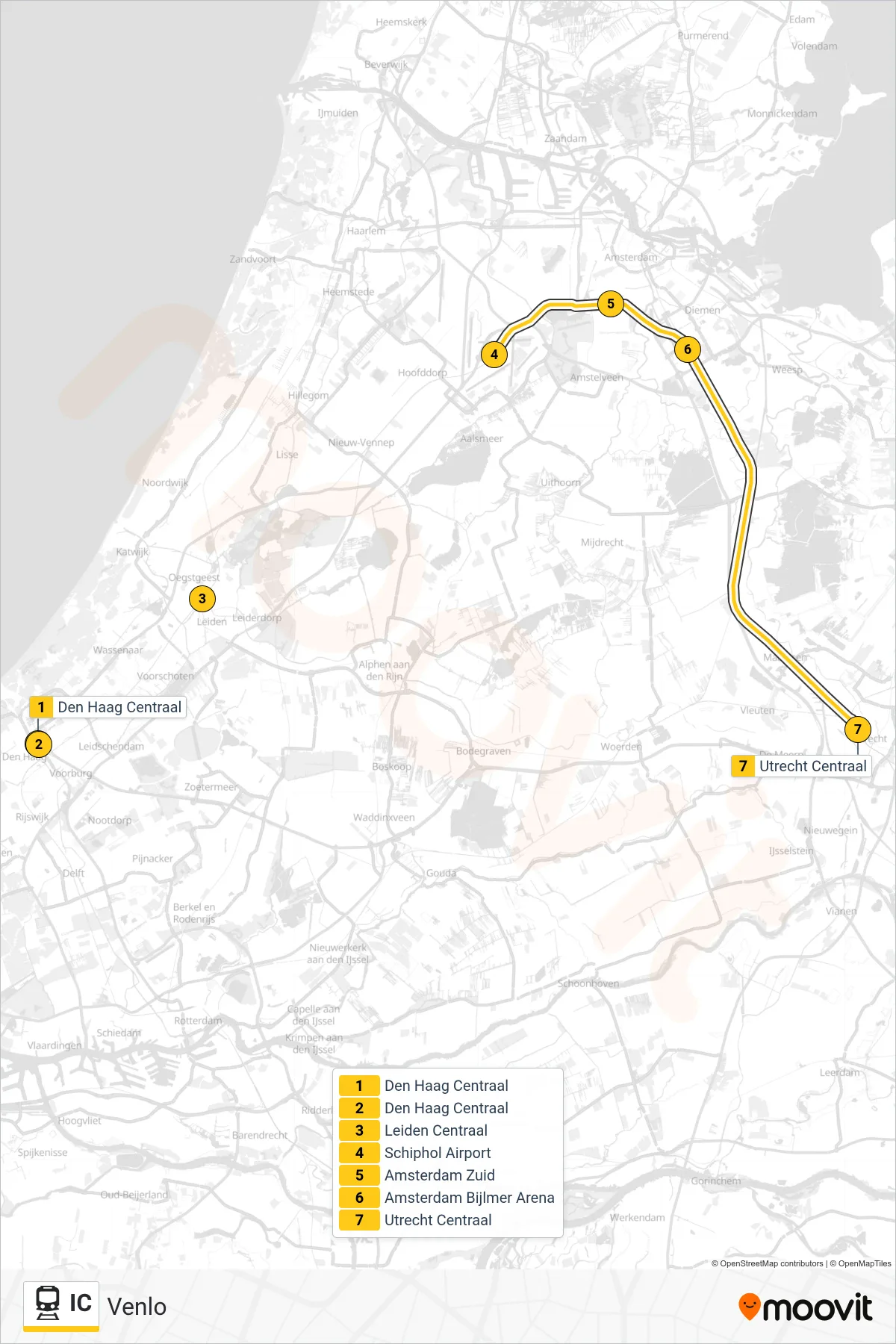 IC train Line (Venlo) route and stops on a map