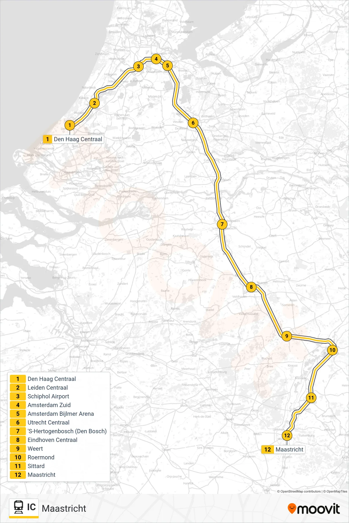 IC train Line (Maastricht) route and stops on a map