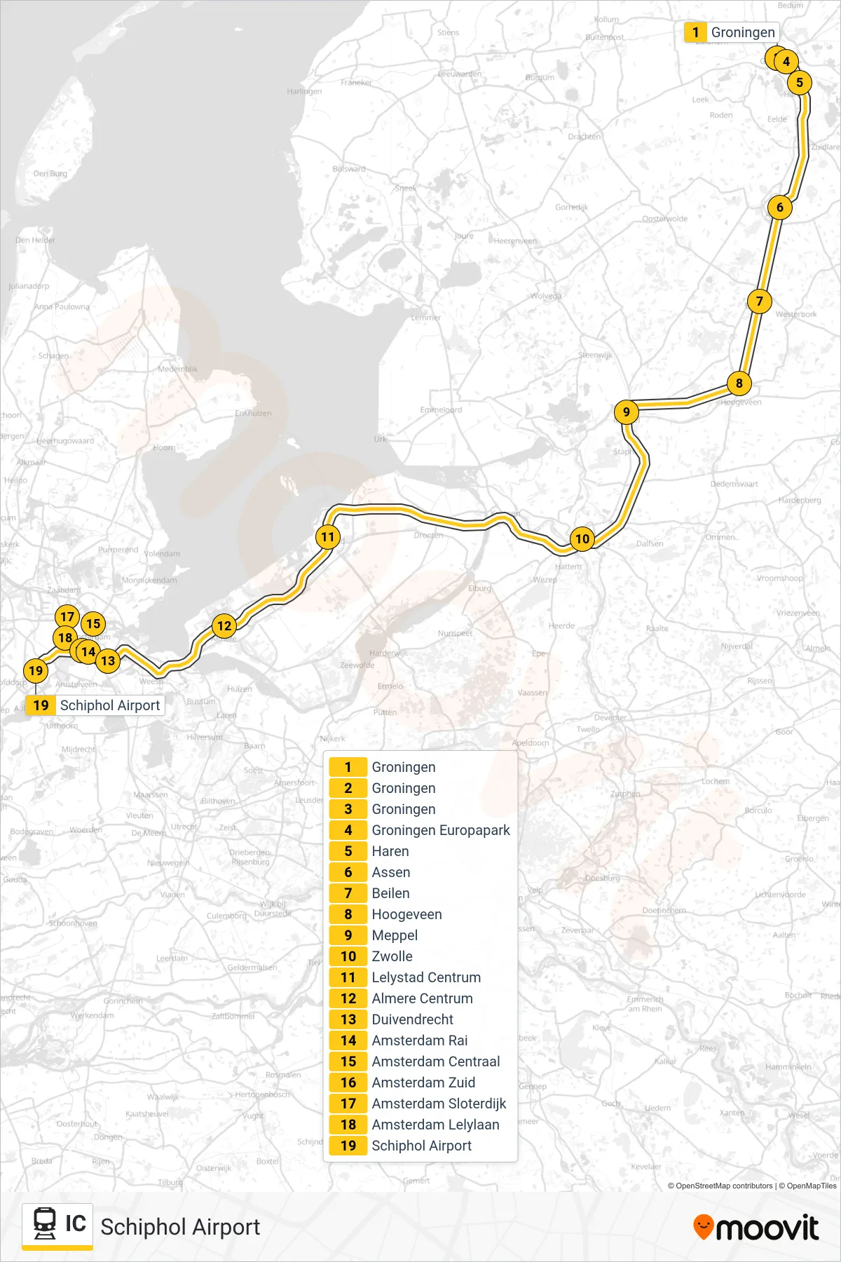 Lijn IC (trein, Schiphol Airport): route en haltes op de kaart