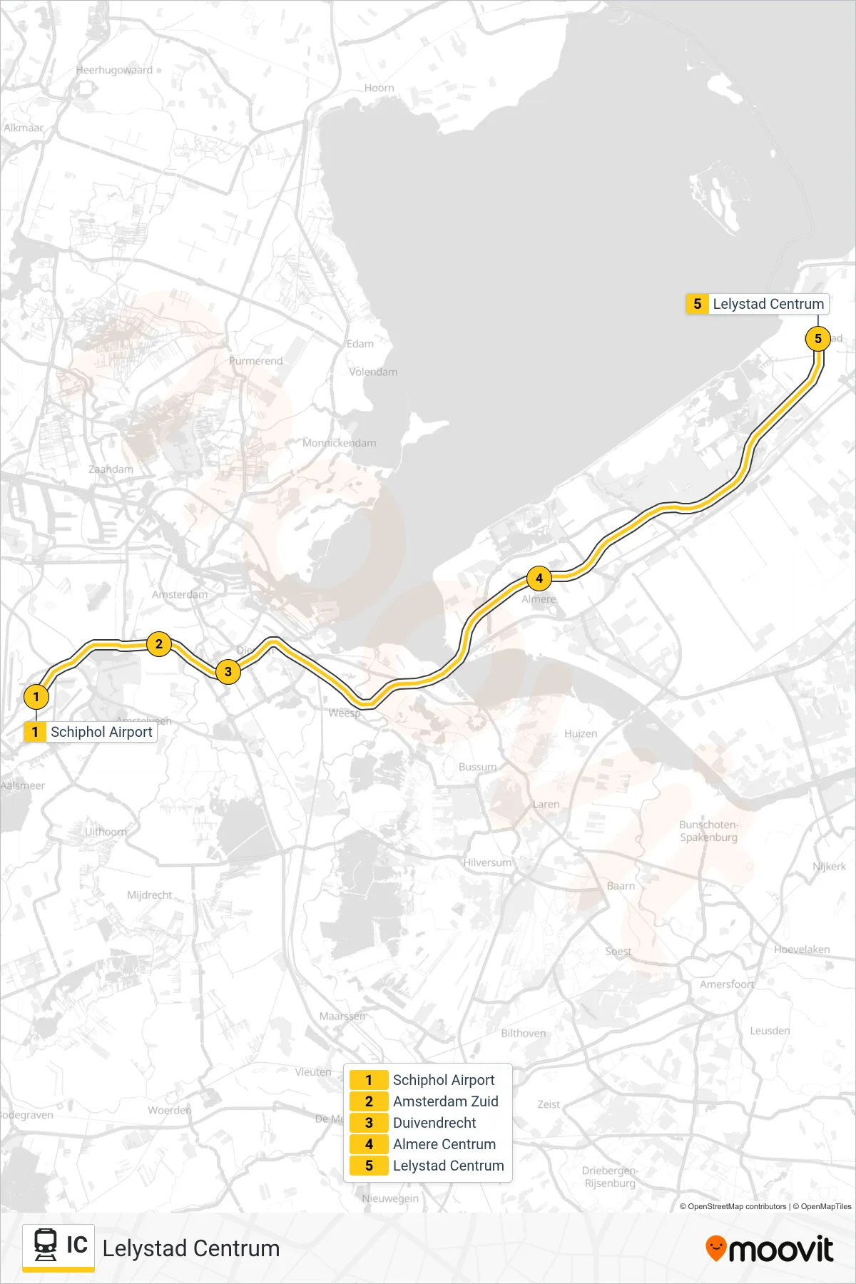 Lijn IC (trein, Lelystad Centrum): route en haltes op de kaart