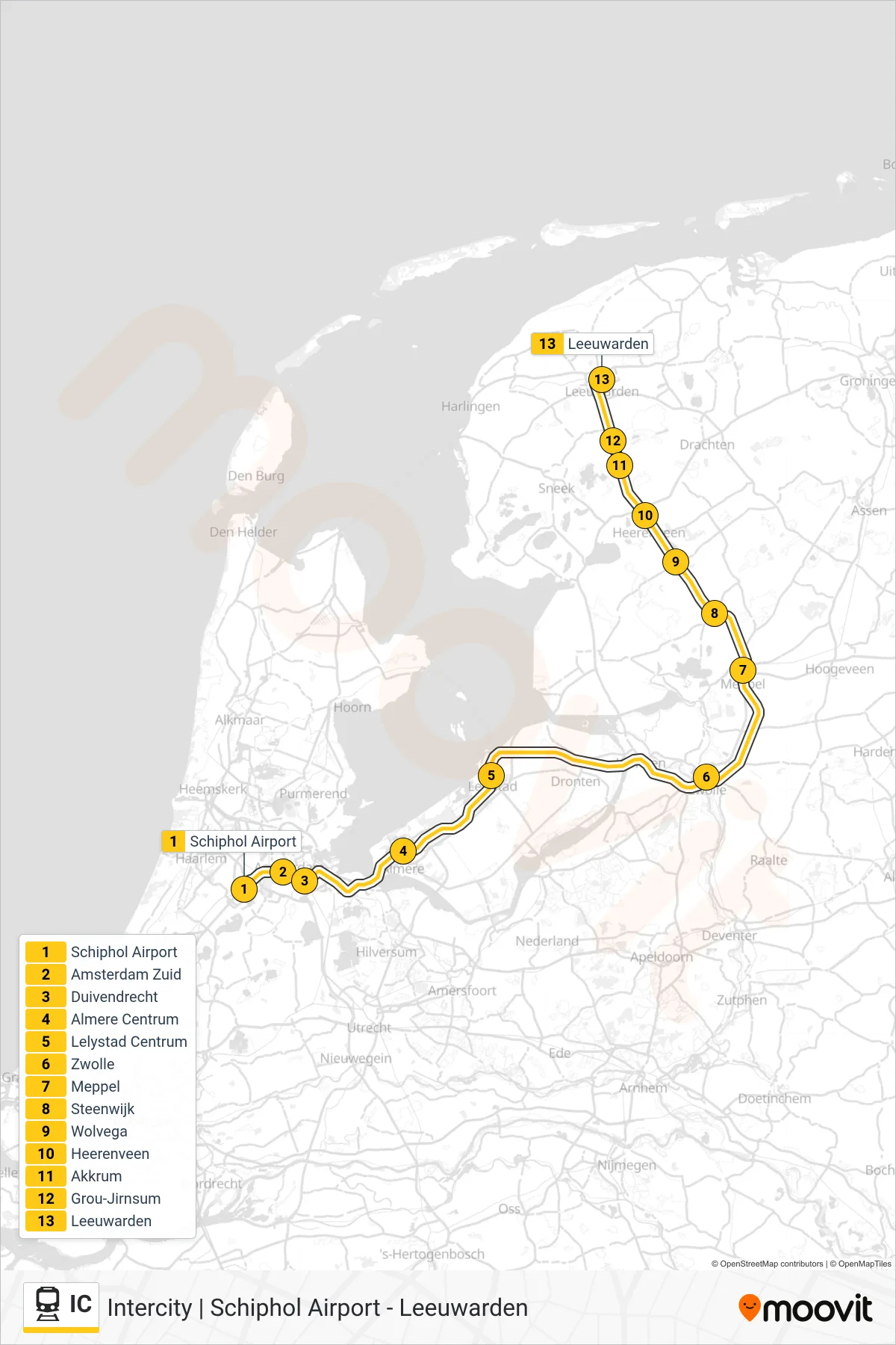 Lijn IC (trein, Leeuwarden): route en haltes op de kaart