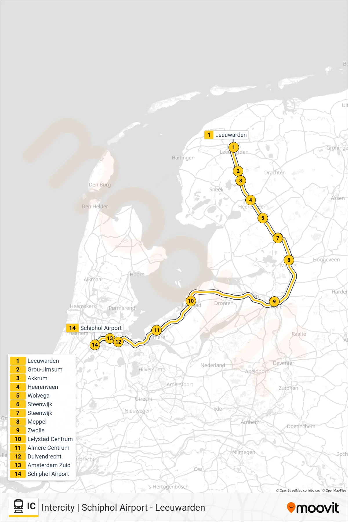 Lijn IC (trein, Schiphol Airport): route en haltes op de kaart