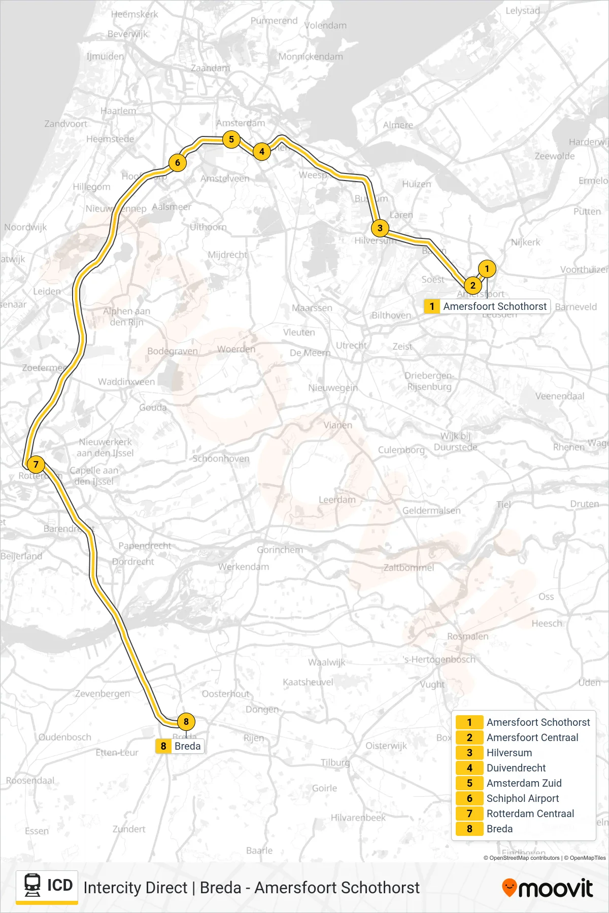 Linie ICD (Bahn) Richtung Breda: Route und Haltestellen auf der Karte