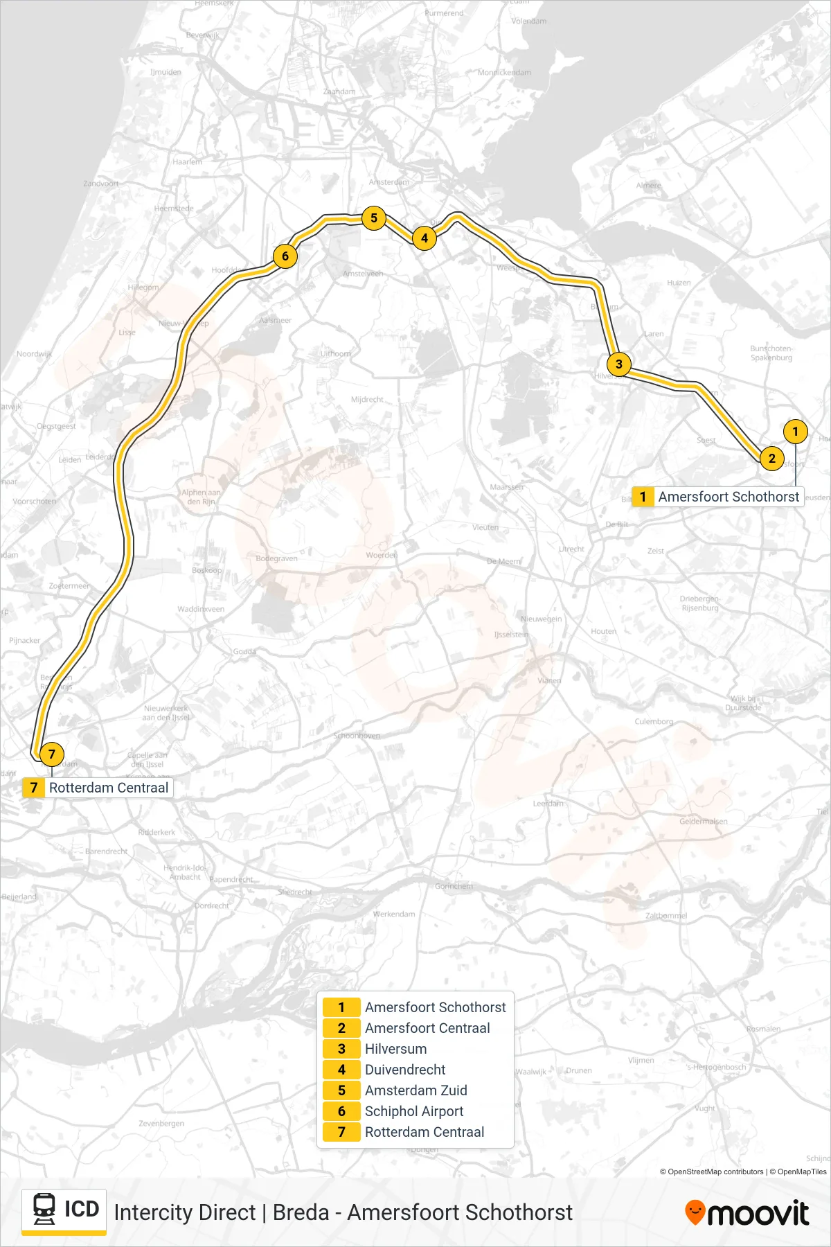 Lijn ICD (trein, Rotterdam Centraal): route en haltes op de kaart