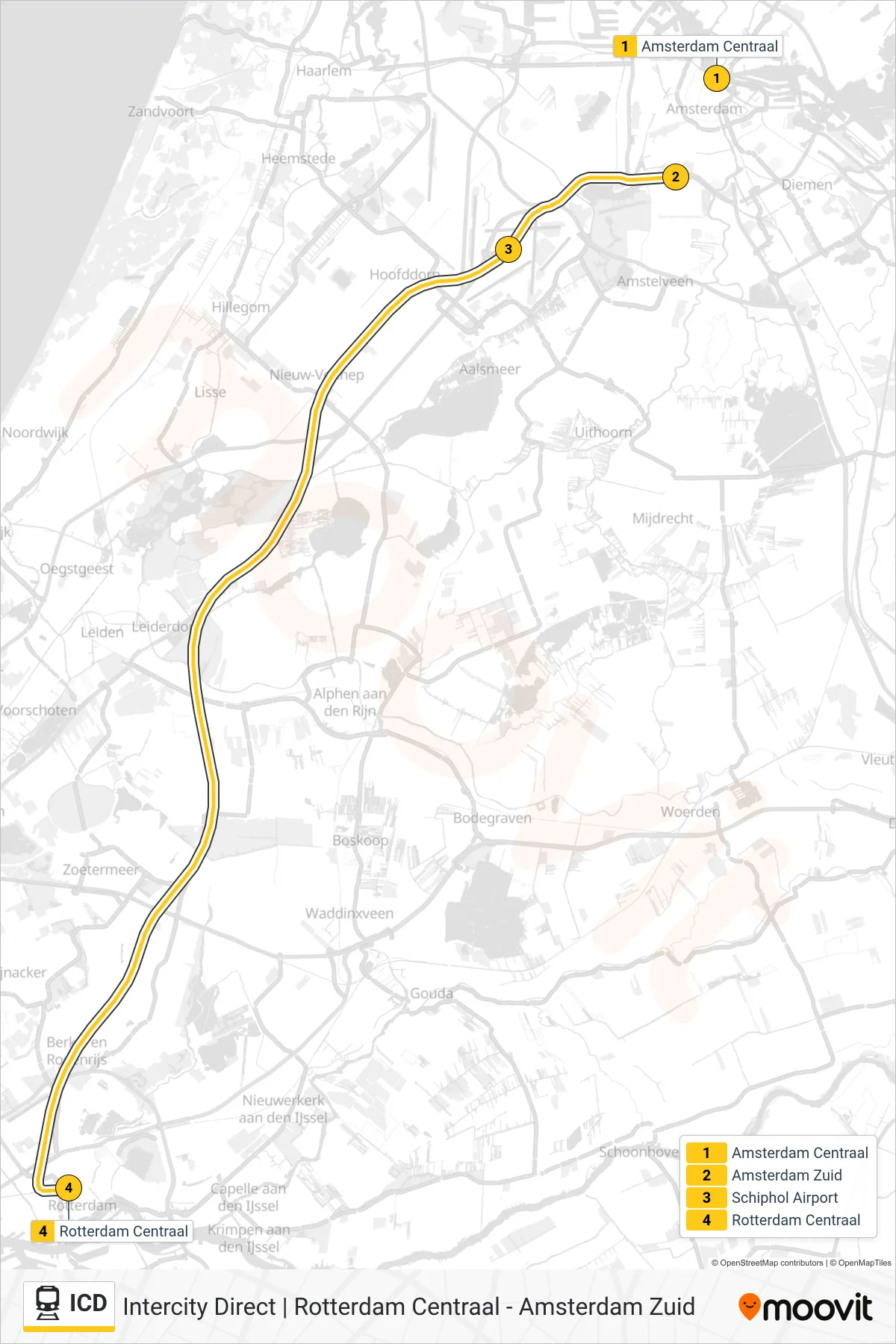 Lijn ICD (trein, Rotterdam Centraal): route en haltes op de kaart
