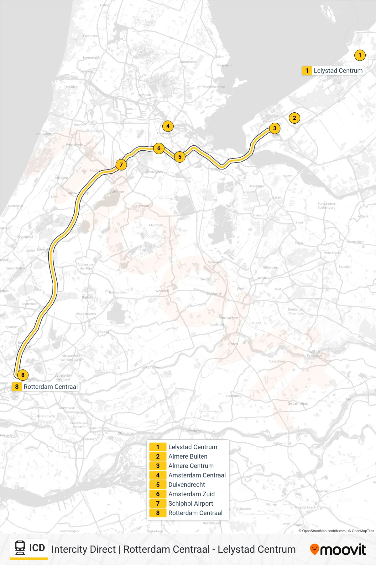 Lijn ICD (trein, Rotterdam Centraal): route en haltes op de kaart