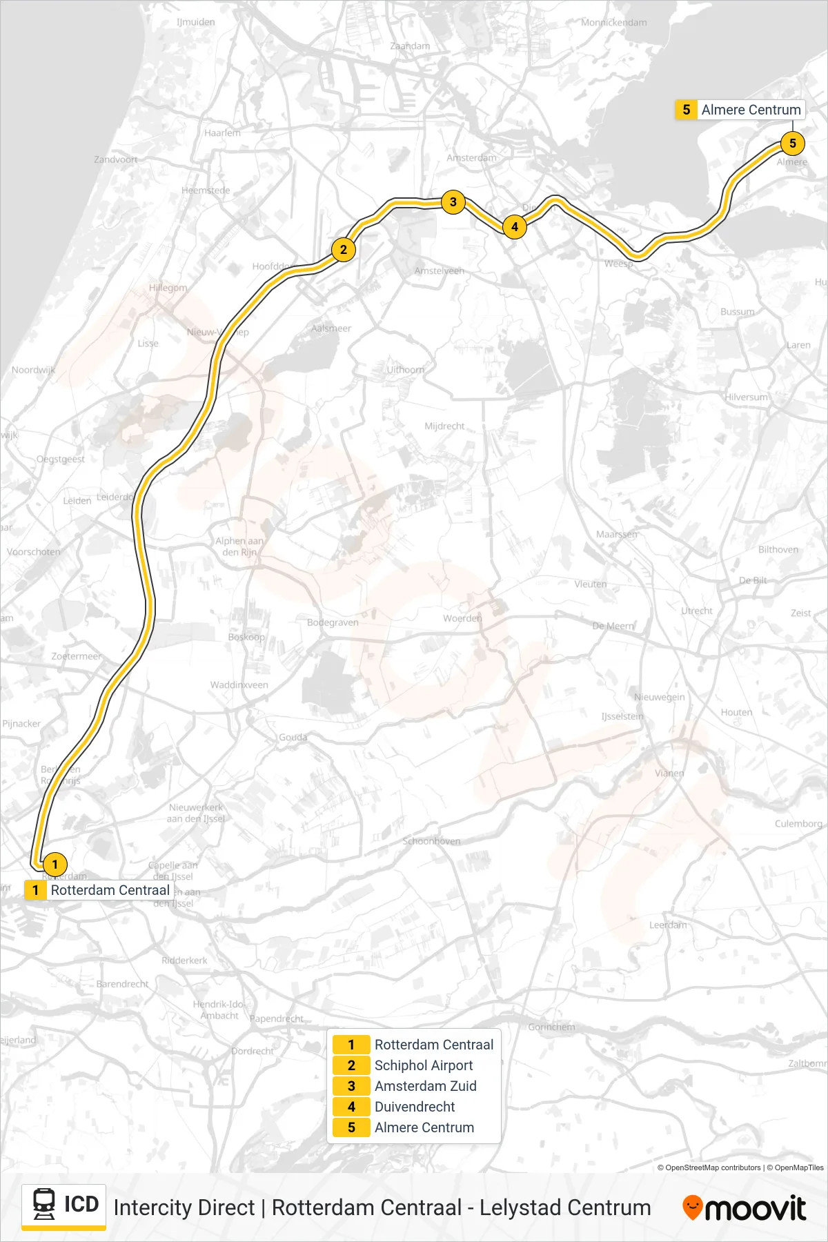 Lijn ICD (trein, Almere Centrum): route en haltes op de kaart