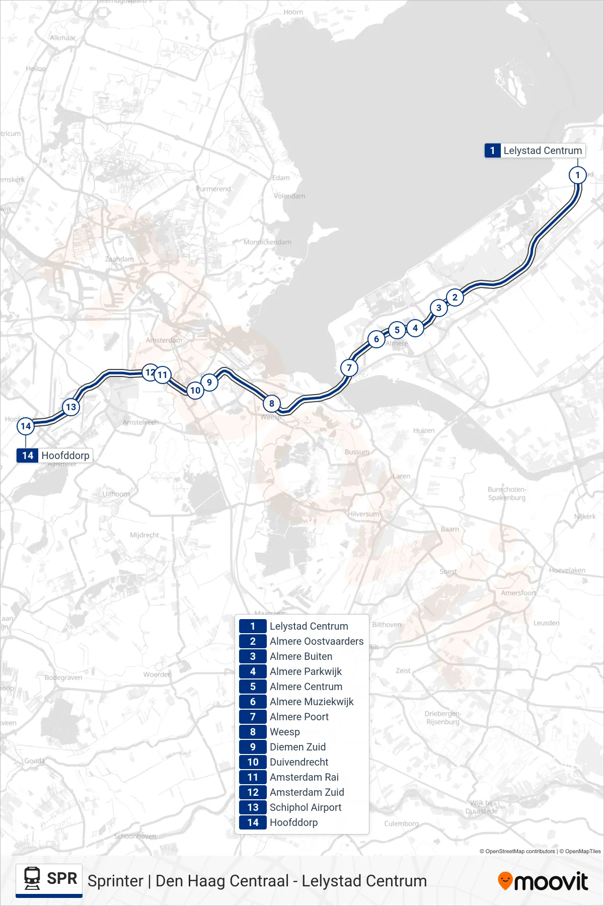 SPR rail Line (Hoofddorp) route and stops on a map