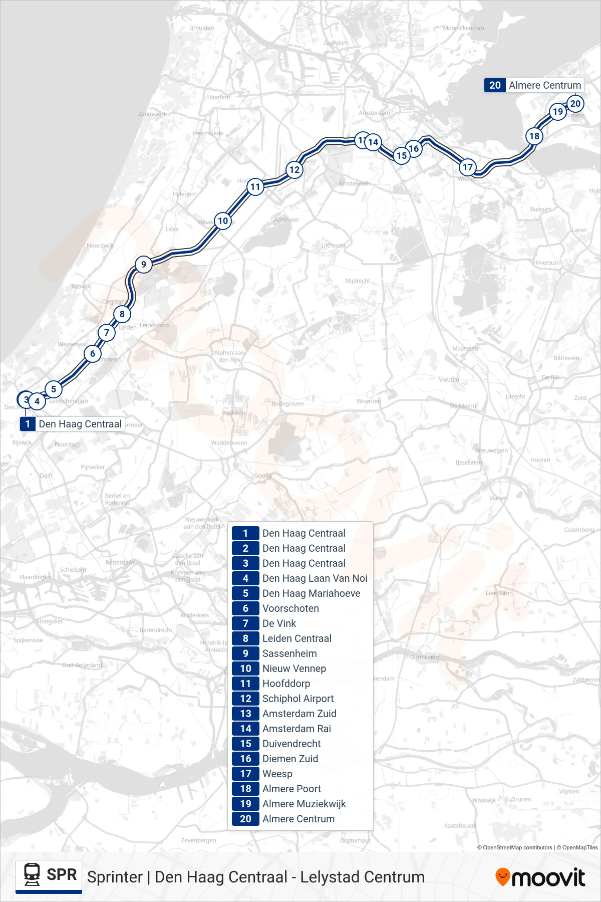 SPR train Line (Almere Centrum) route and stops on a map
