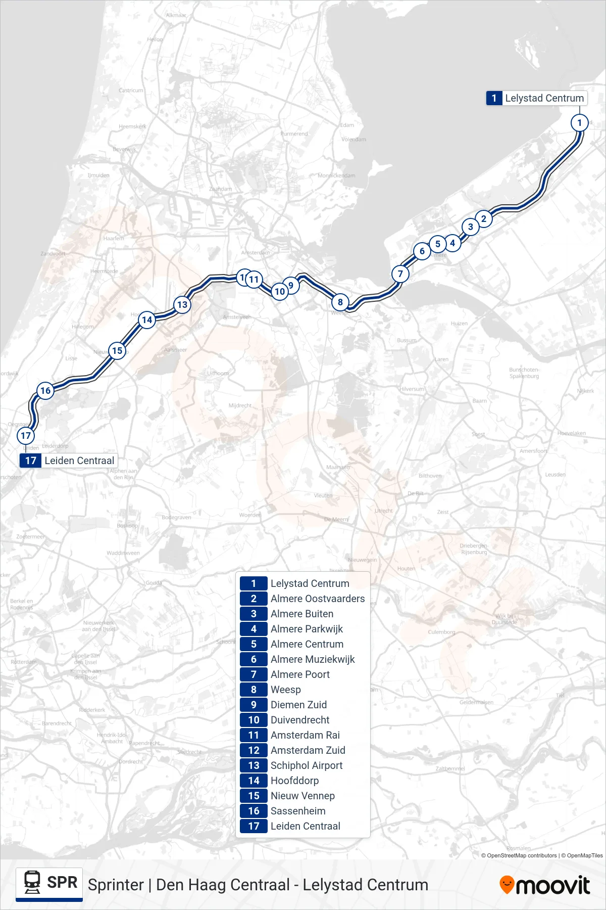 SPR train Line (Leiden Centraal) route and stops on a map