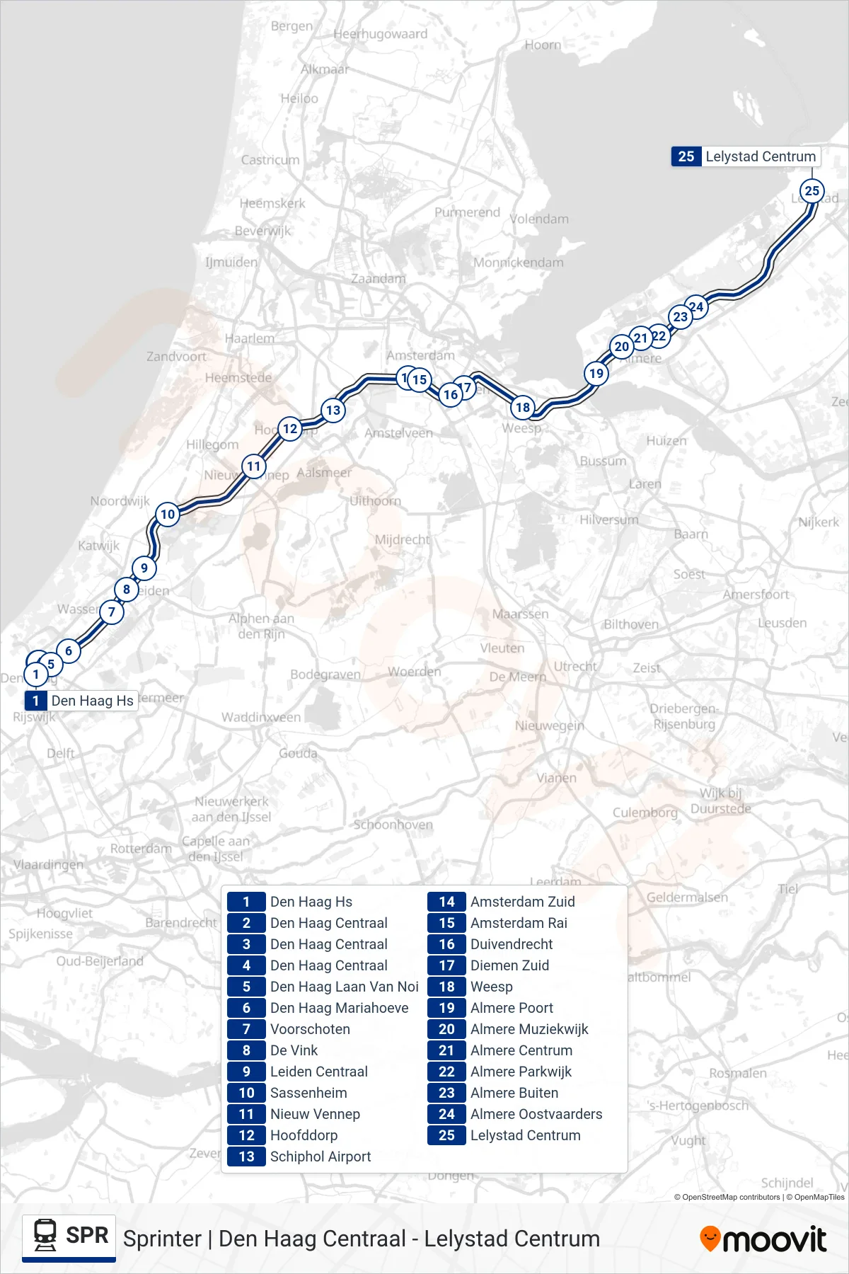Lijn SPR (trein, Lelystad Centrum): route en haltes op de kaart