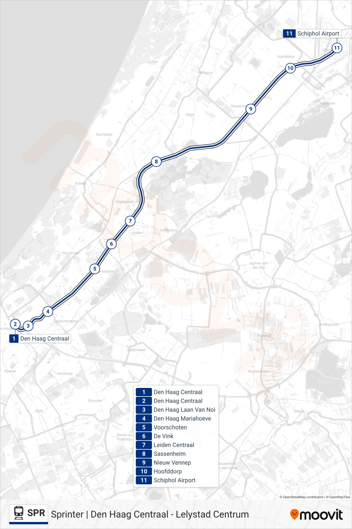 SPR train Line (Schiphol Airport) route and stops on a map