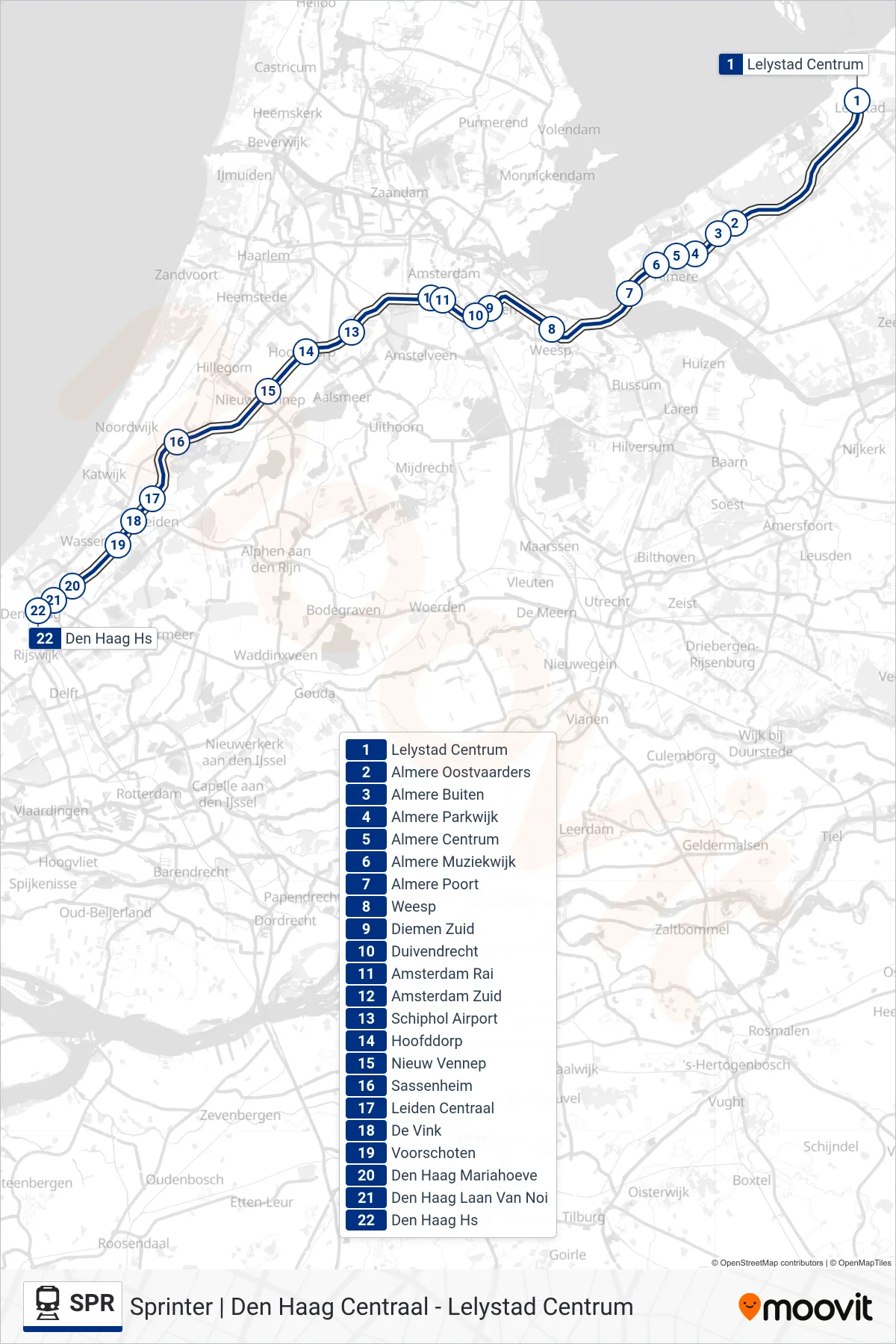 Lijn SPR (trein, Den Haag Hs): route en haltes op de kaart