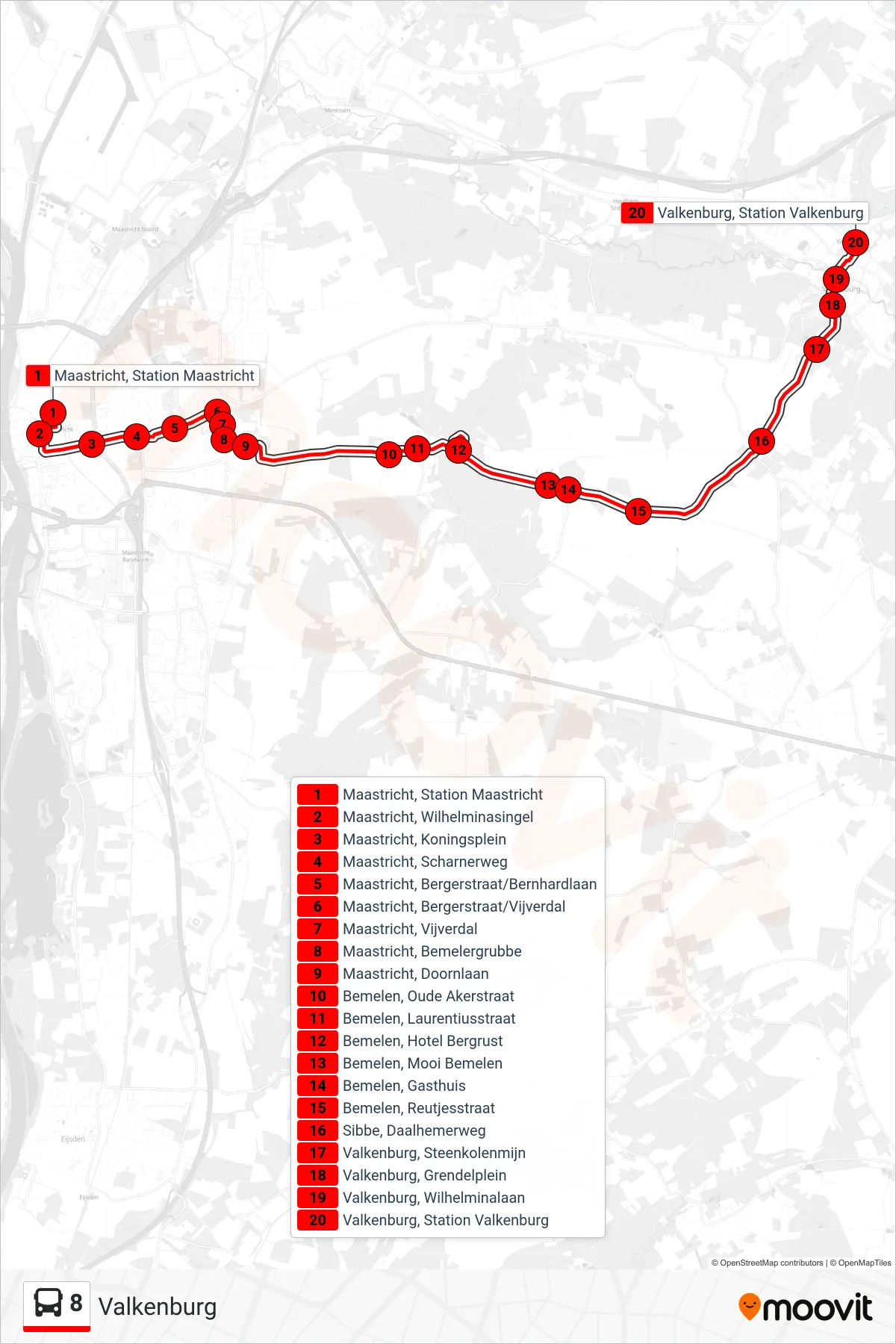 8 bus Line (Valkenburg) route and stops on a map