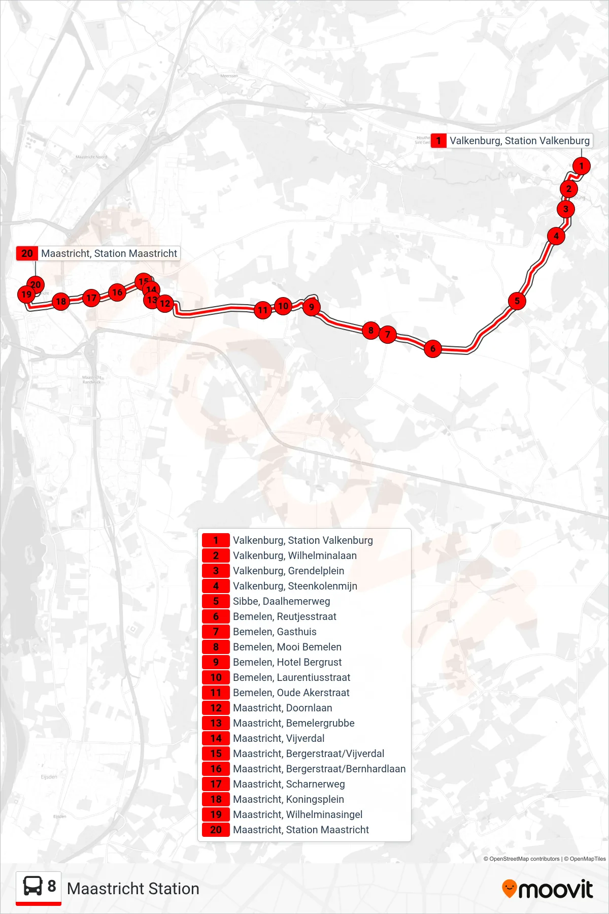 Lijn 8 (bus, Maastricht Station): route en haltes op de kaart