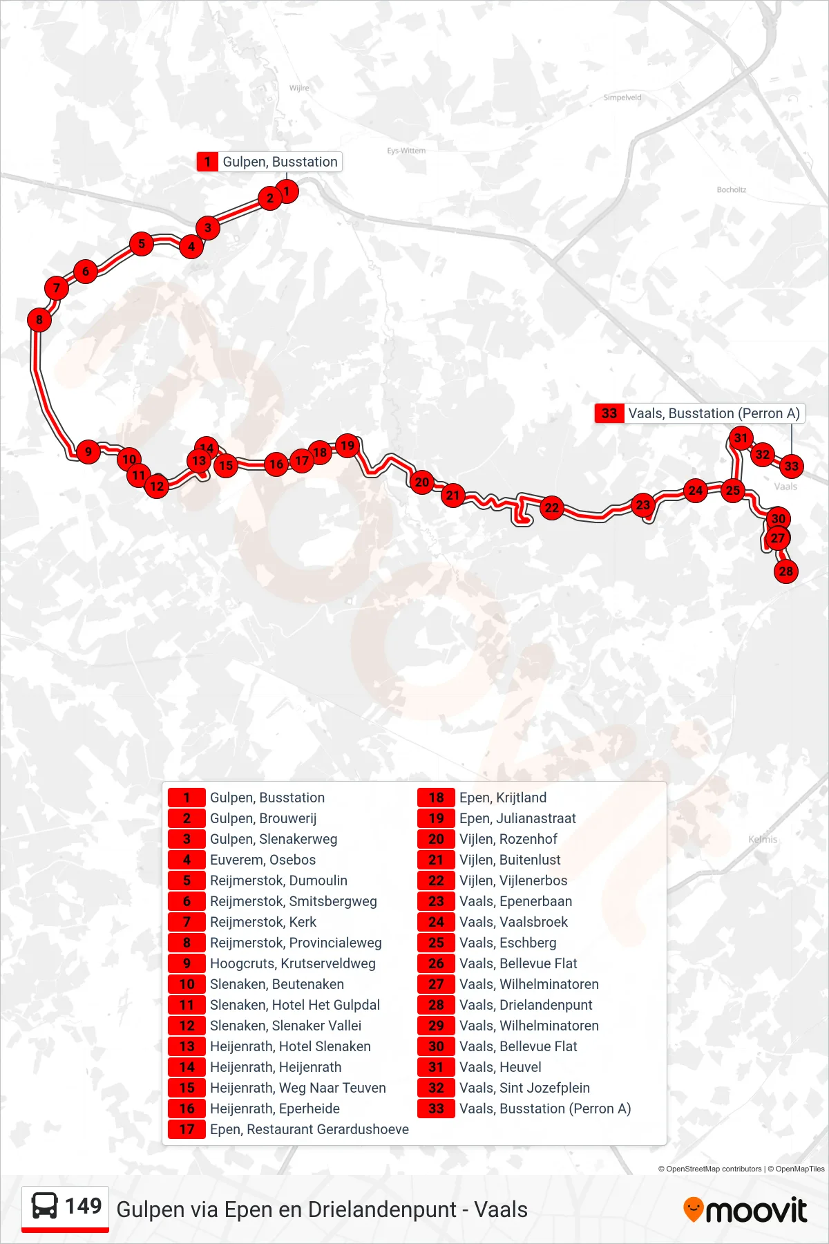 149 bus Line (Vaals) route and stops on a map