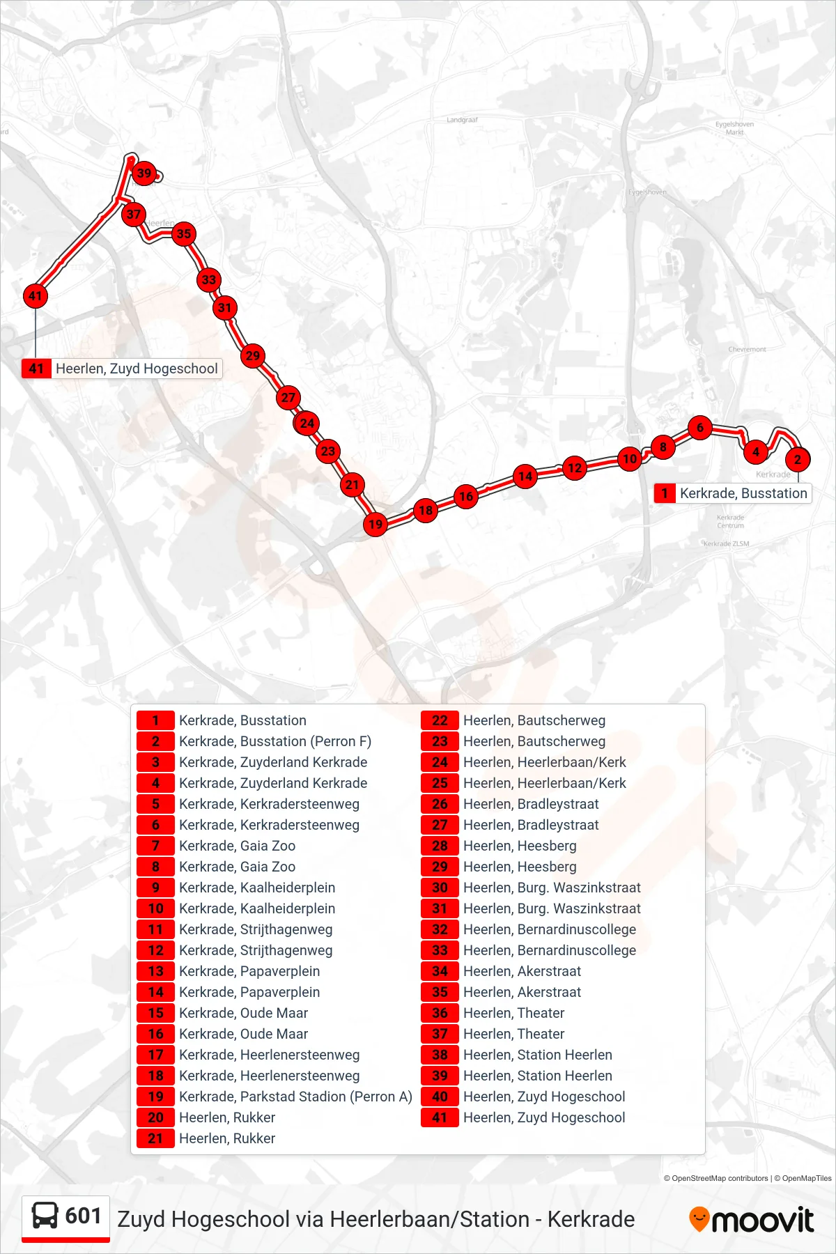 Lijn 601 (bus, Heerlen): route en haltes op de kaart