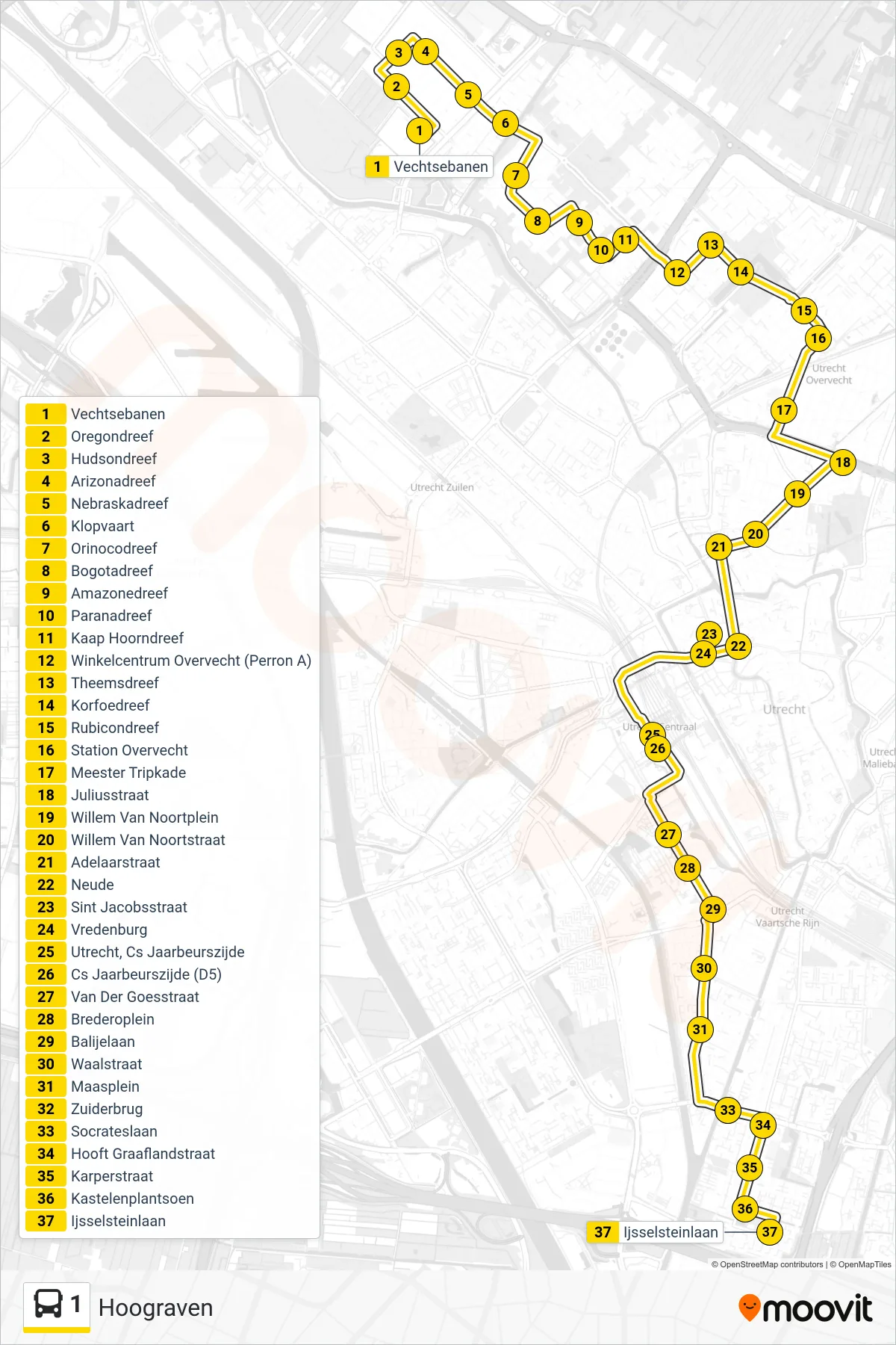 Lijn 1 (bus, Hoograven): route en haltes op de kaart