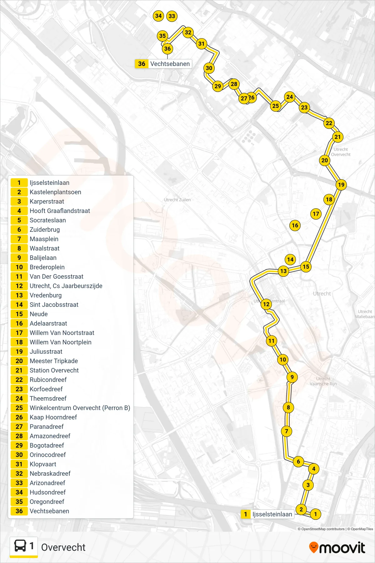 1 bus Line (Overvecht) route and stops on a map