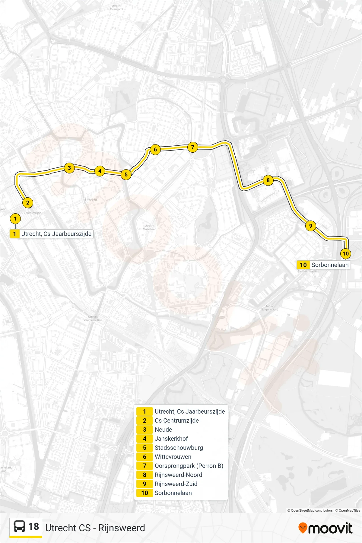 Lijn 18 (bus, Rijnsweerd): route en haltes op de kaart