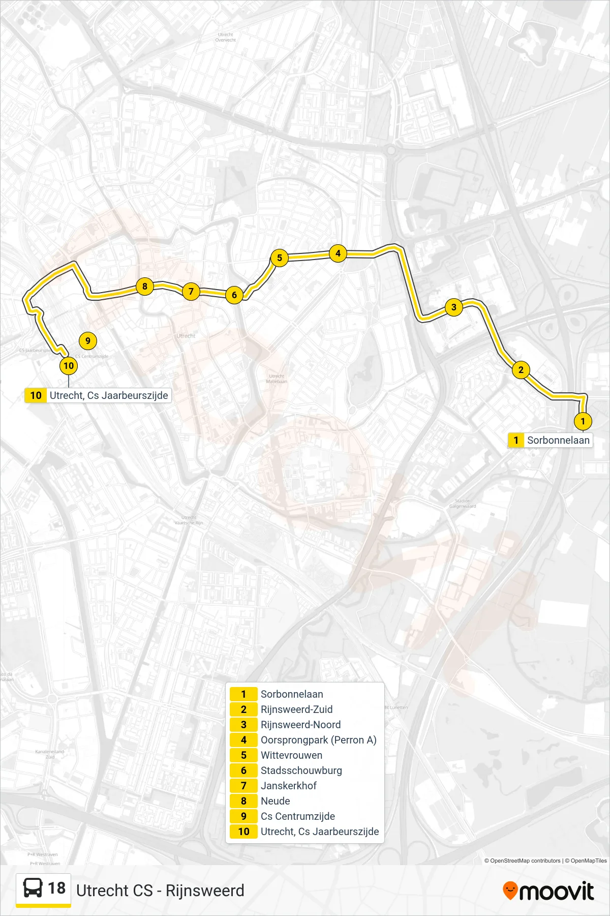 18 bus Line (Utrecht Cs) route and stops on a map