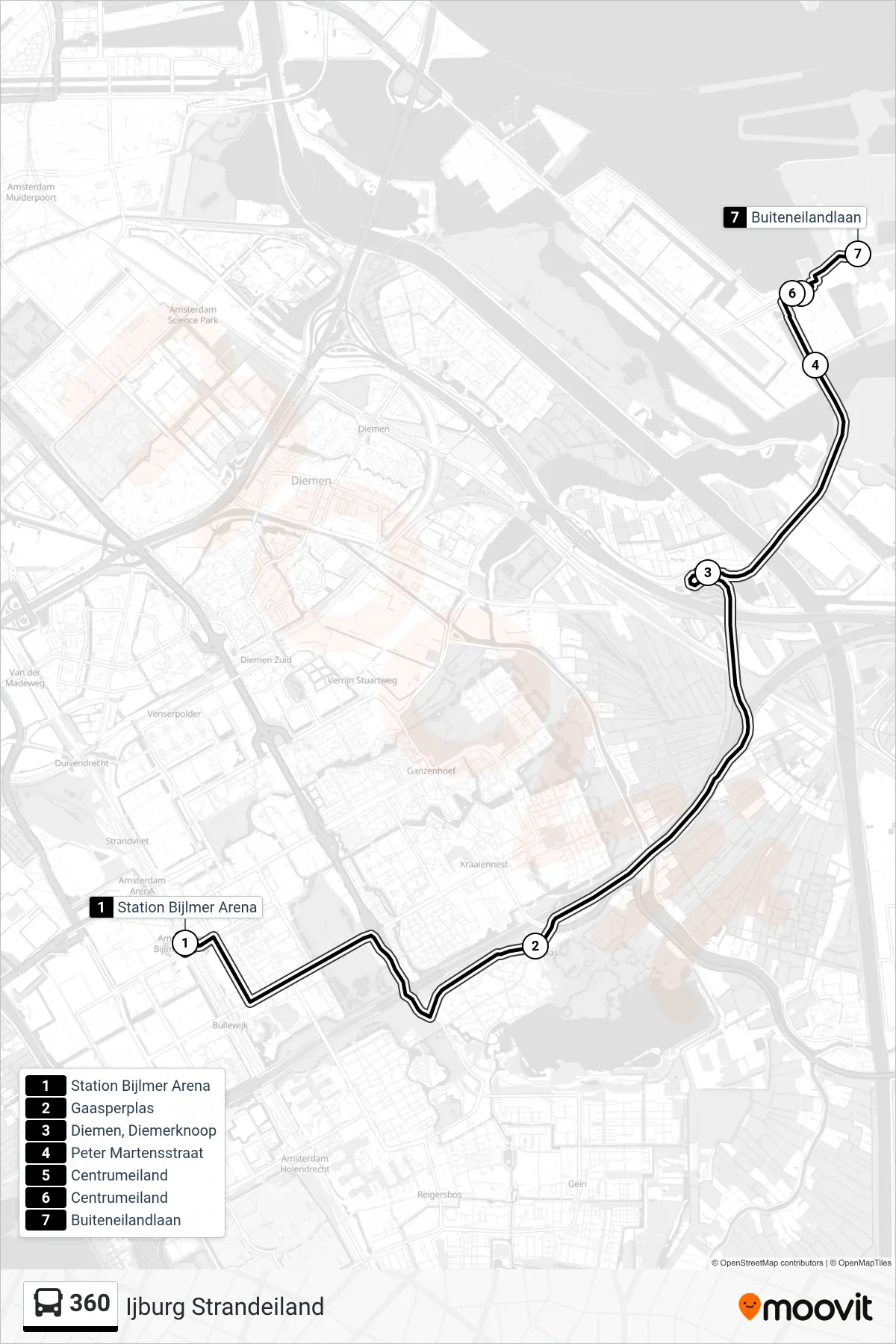 Lijn 360 (bus, Ijburg Strandeiland): route en haltes op de kaart
